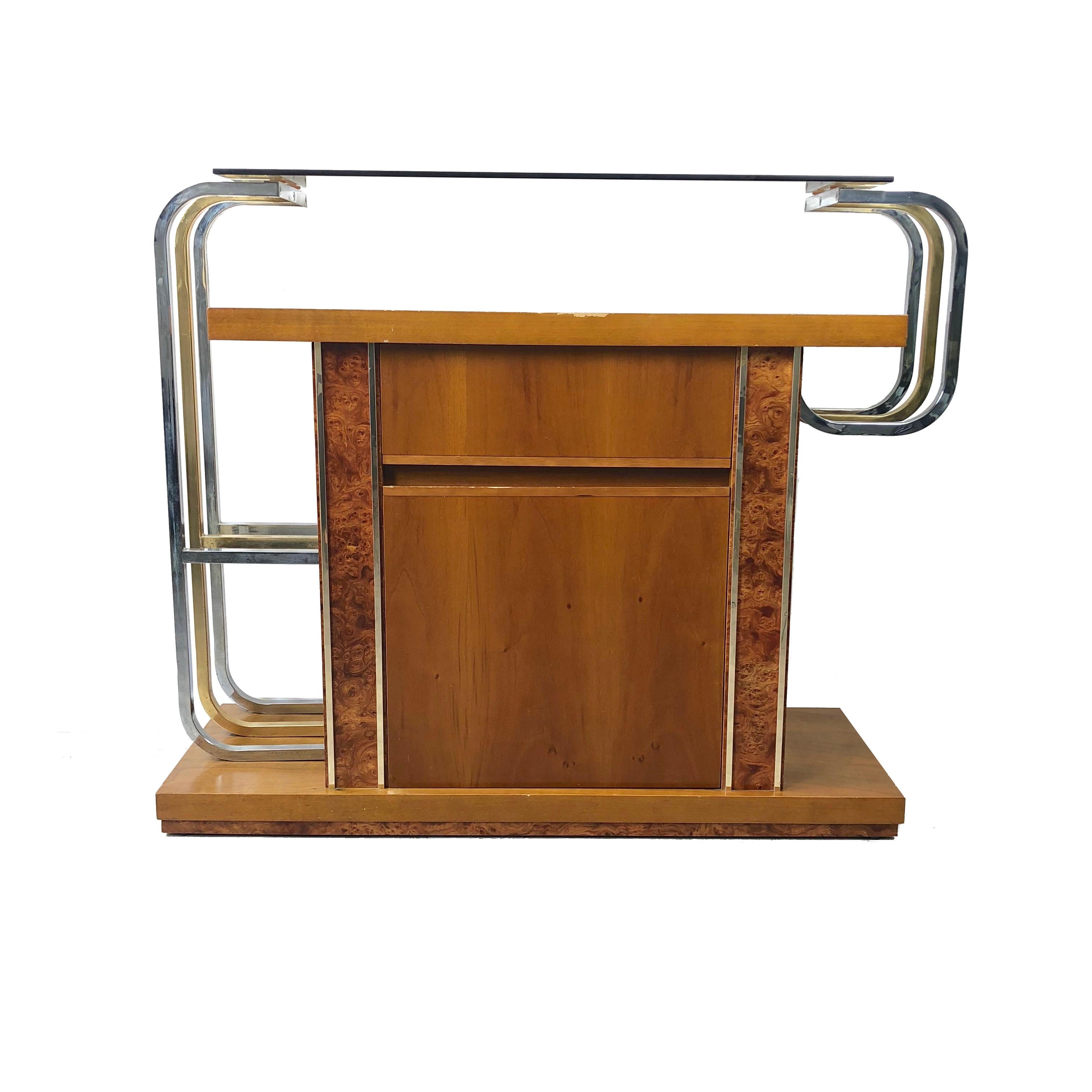 Mid-Century Modern Willy Rizzo Console Table in Burlwood Brass Glass and Chrome, 1970s, Italy