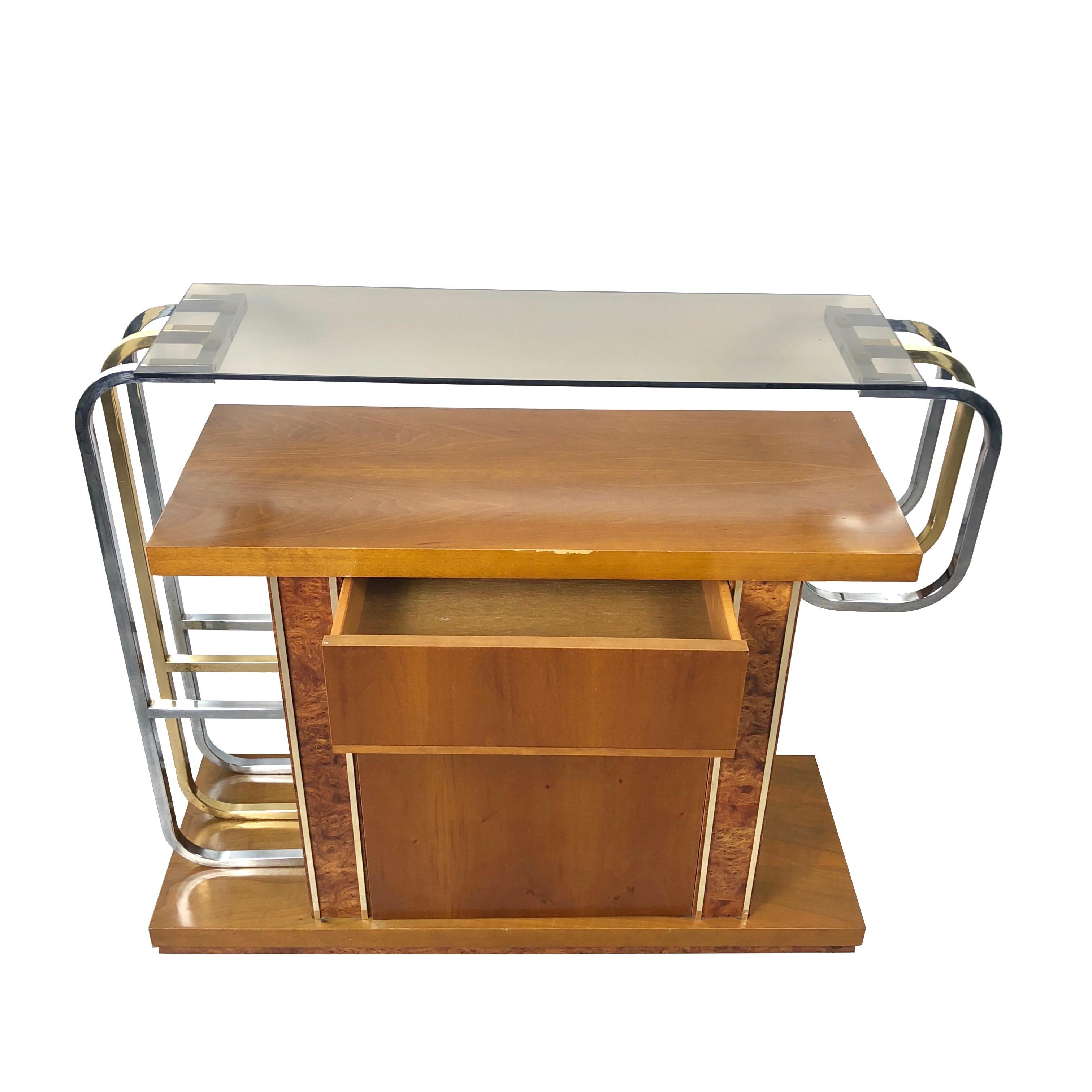 Italian Willy Rizzo Console Table in Burlwood Brass Glass and Chrome, 1970s, Italy