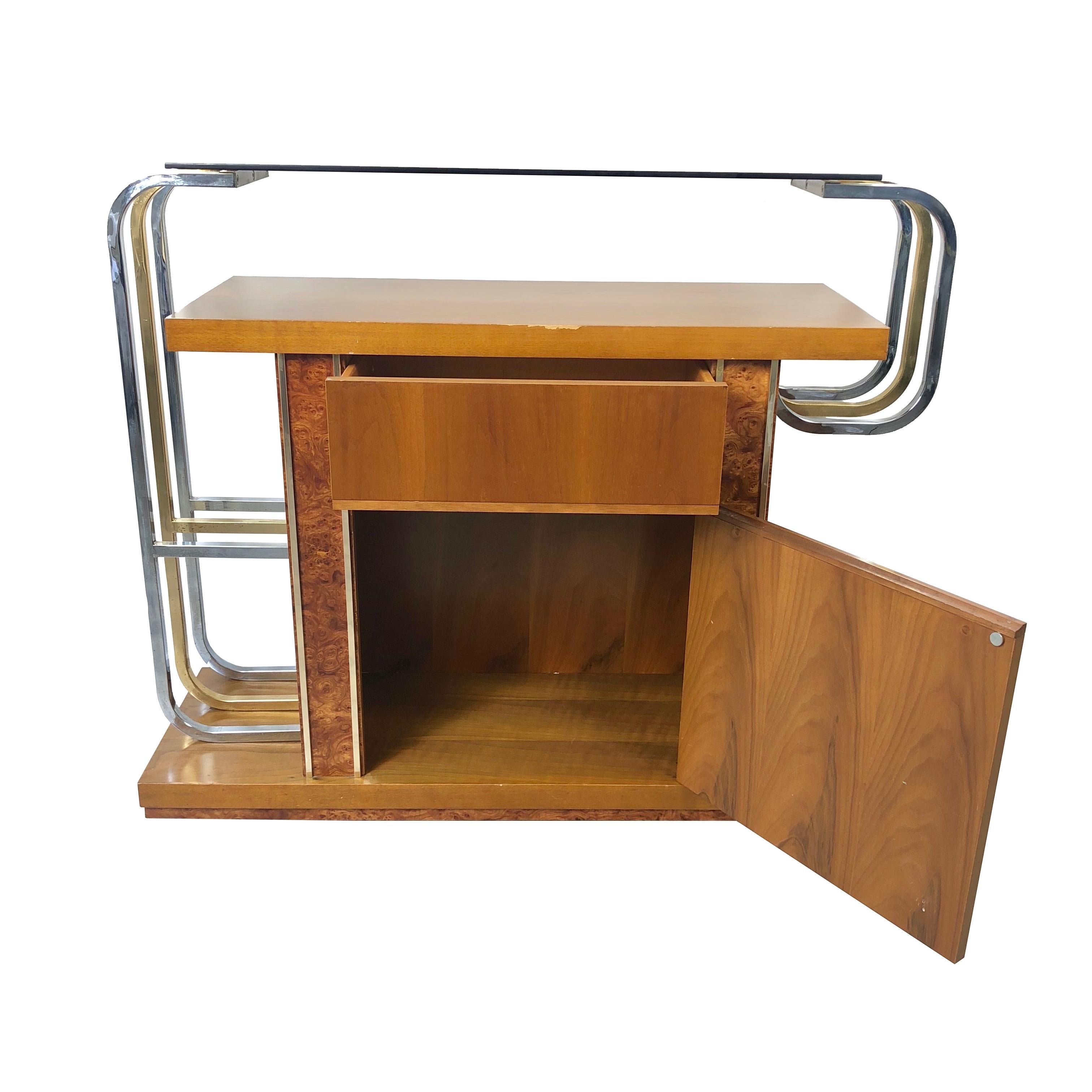 Willy Rizzo Console Table in Burlwood Brass Glass and Chrome, 1970s, Italy In Good Condition In Rome, IT