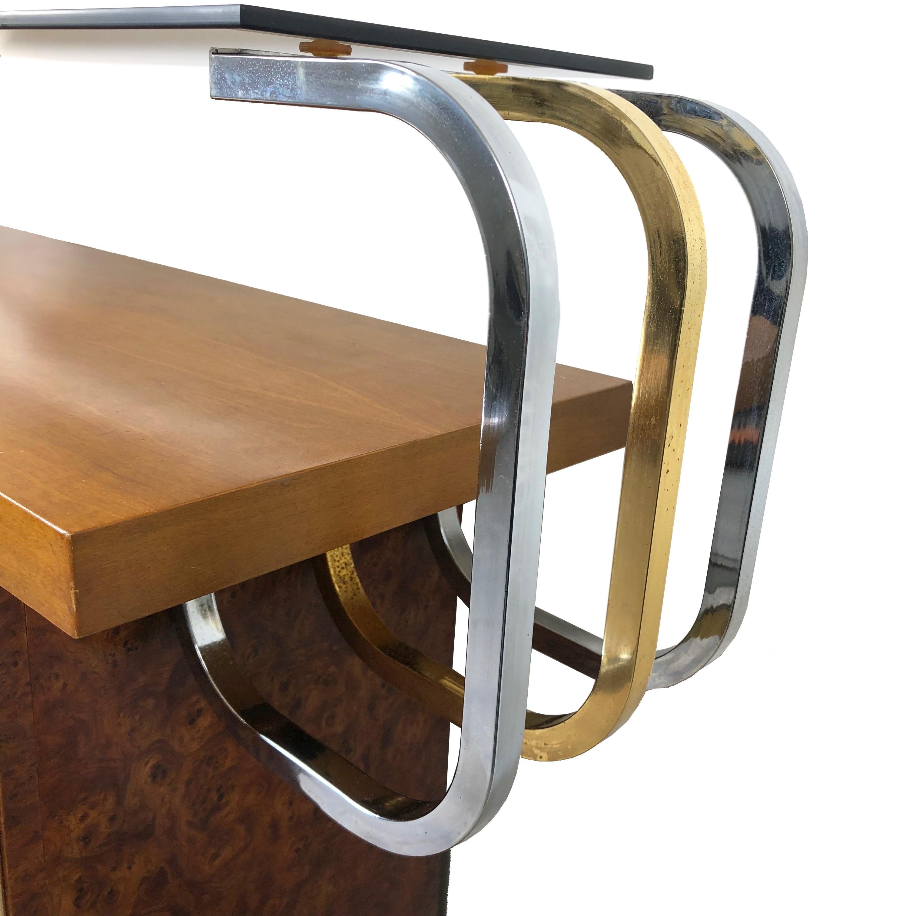 Willy Rizzo Console Table in Burlwood Brass Glass and Chrome, 1970s, Italy 1