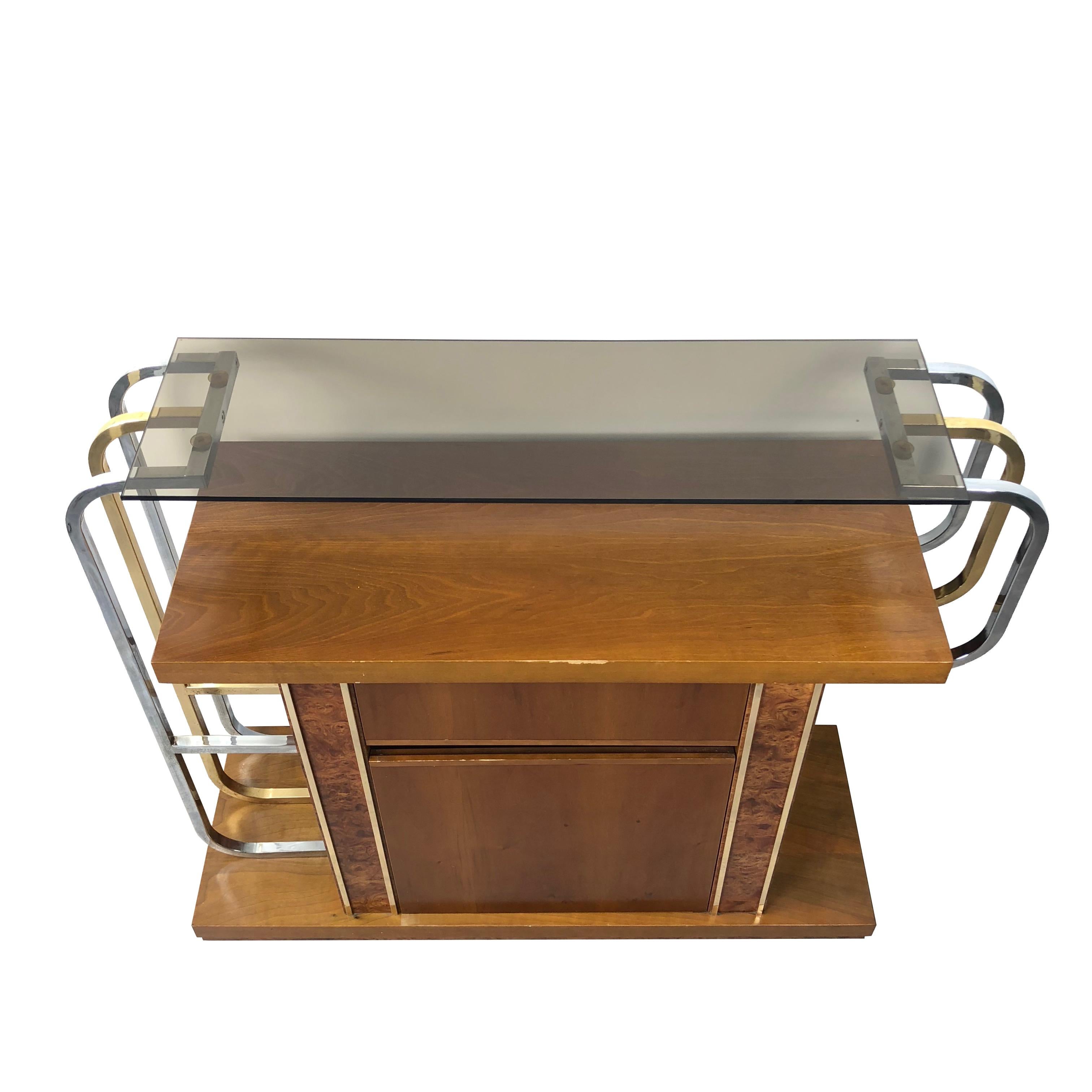 Willy Rizzo Console Table in Burlwood Brass Glass and Chrome, 1970s, Italy 2