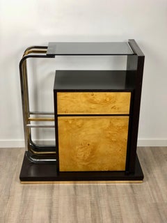 Console Table Wood, Brass, Chrome & Smoked Glass Willy Rizzo Style, 1970s, Italy
