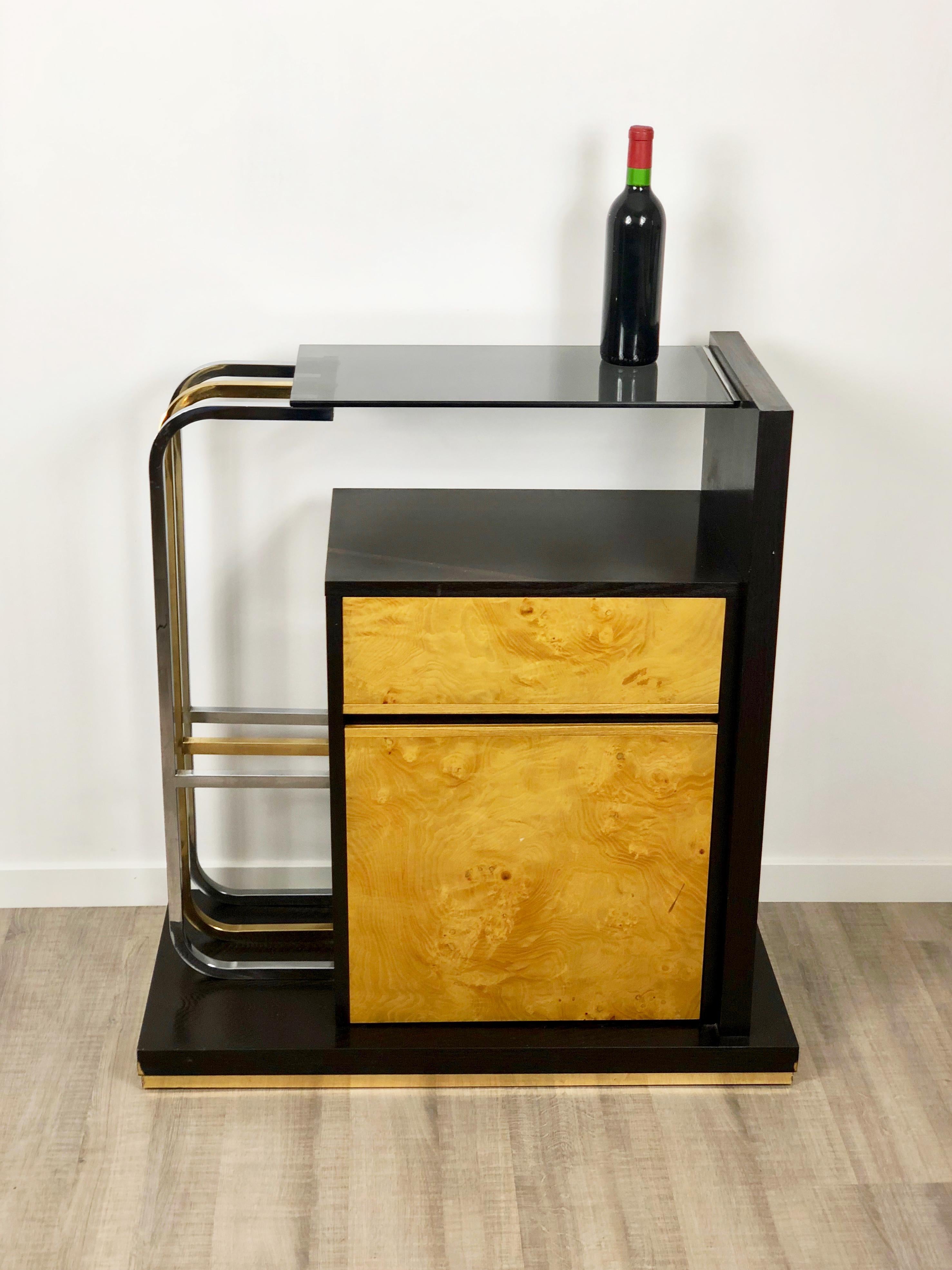 Willy Rizzo Console Table in Wood, Brass, Chrome and Smoked Glass, 1970s, Italy In Good Condition For Sale In Rome, IT