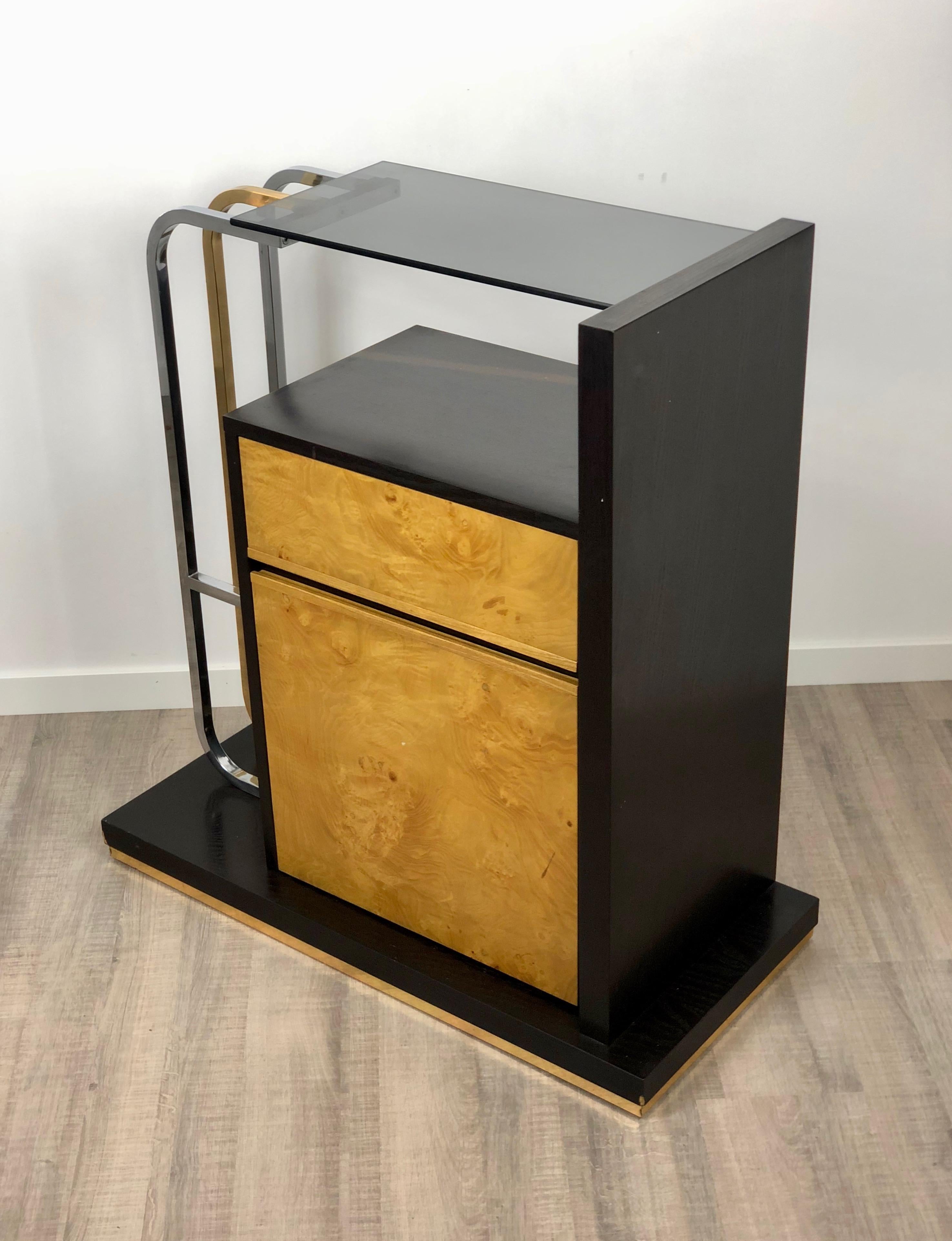 Late 20th Century Willy Rizzo Console Table in Wood, Brass, Chrome and Smoked Glass, 1970s, Italy For Sale