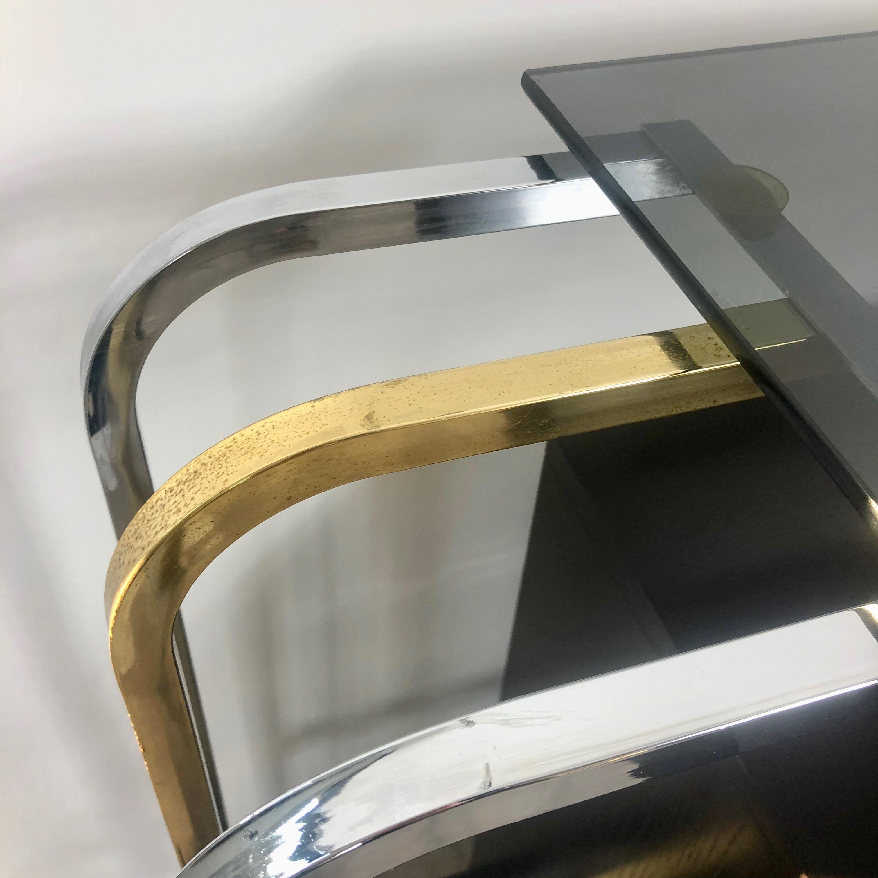 Metal Willy Rizzo Console Table in Wood, Brass, Chrome and Smoked Glass, 1970s, Italy For Sale