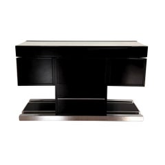 Willy Rizzo Convertible Bar, Black Lacquer, Chrome, Leather, Italy circa 1970