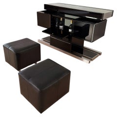 Willy Rizzo Convertible Bar, Black Lacquer, Chrome, Leather, Italy circa 1970