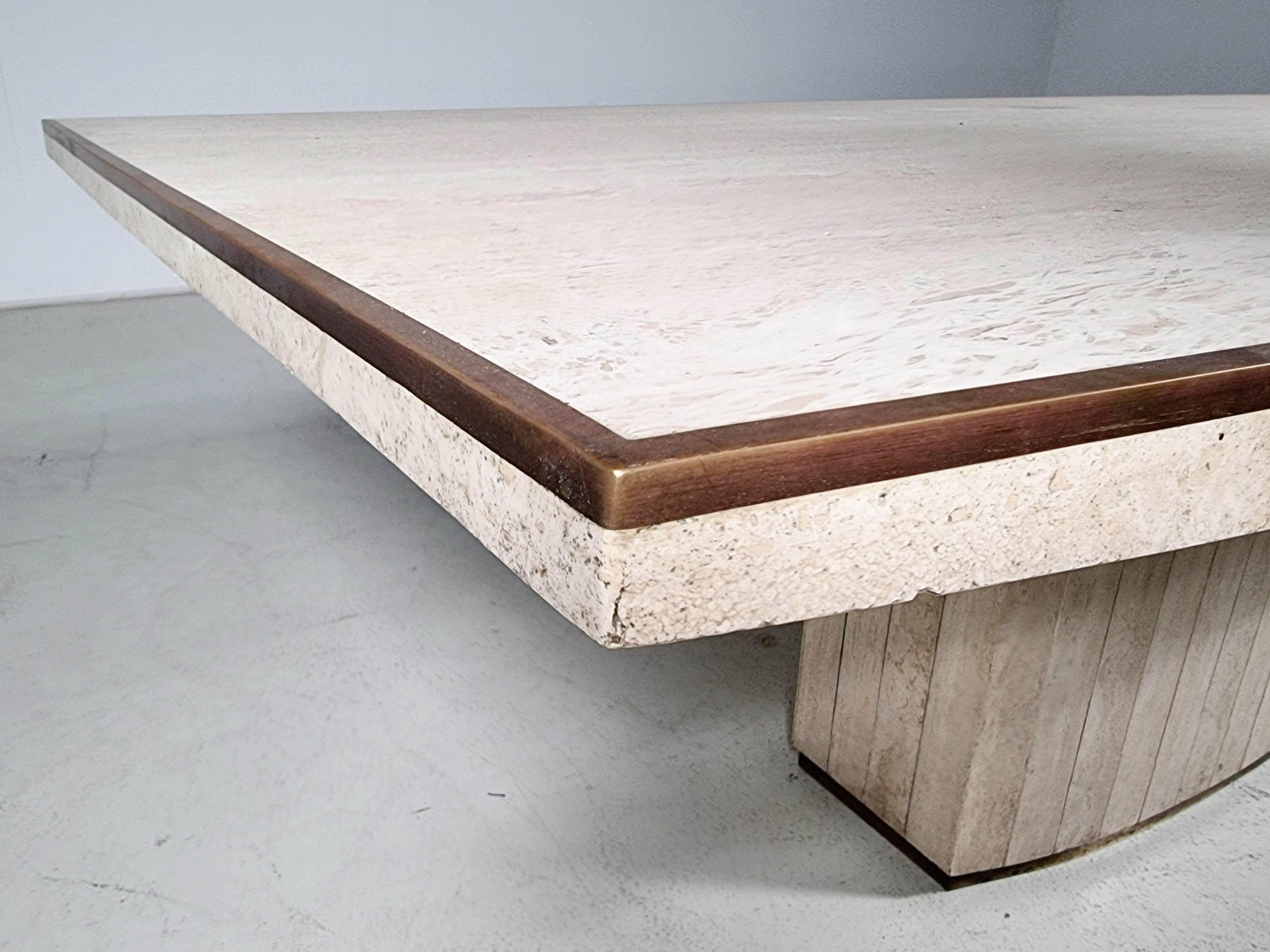 Brass Willy Rizzo Cream Travertine Pedestal Dining Table, France, 1970