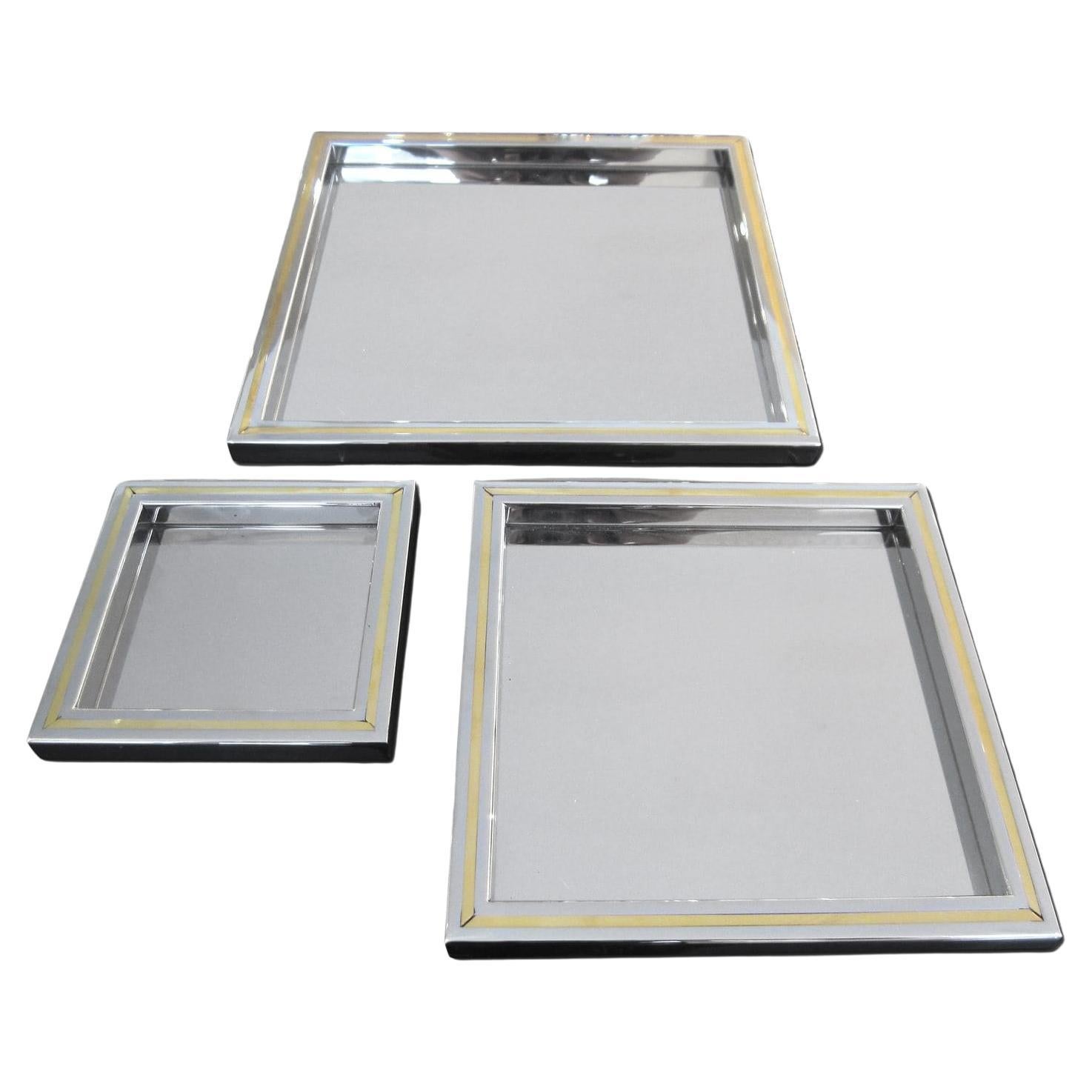 Set di 3 scrivanie Willy Rizzo in acciaio inox lucido con inserto in ottone