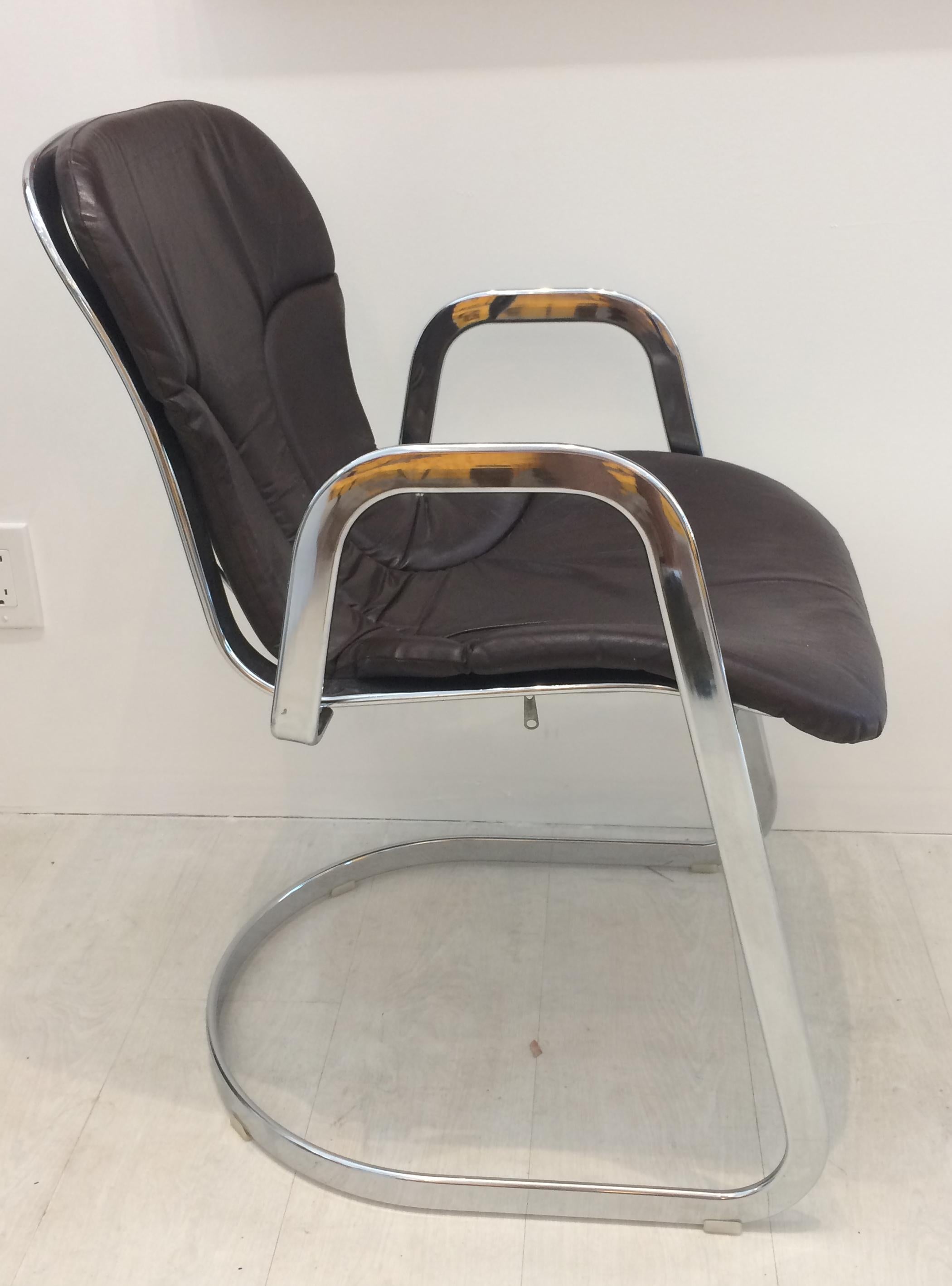 Mid-Century Modern Willy Rizzo Dining Chair Chrome with Chocolate Leather Seat Cushion