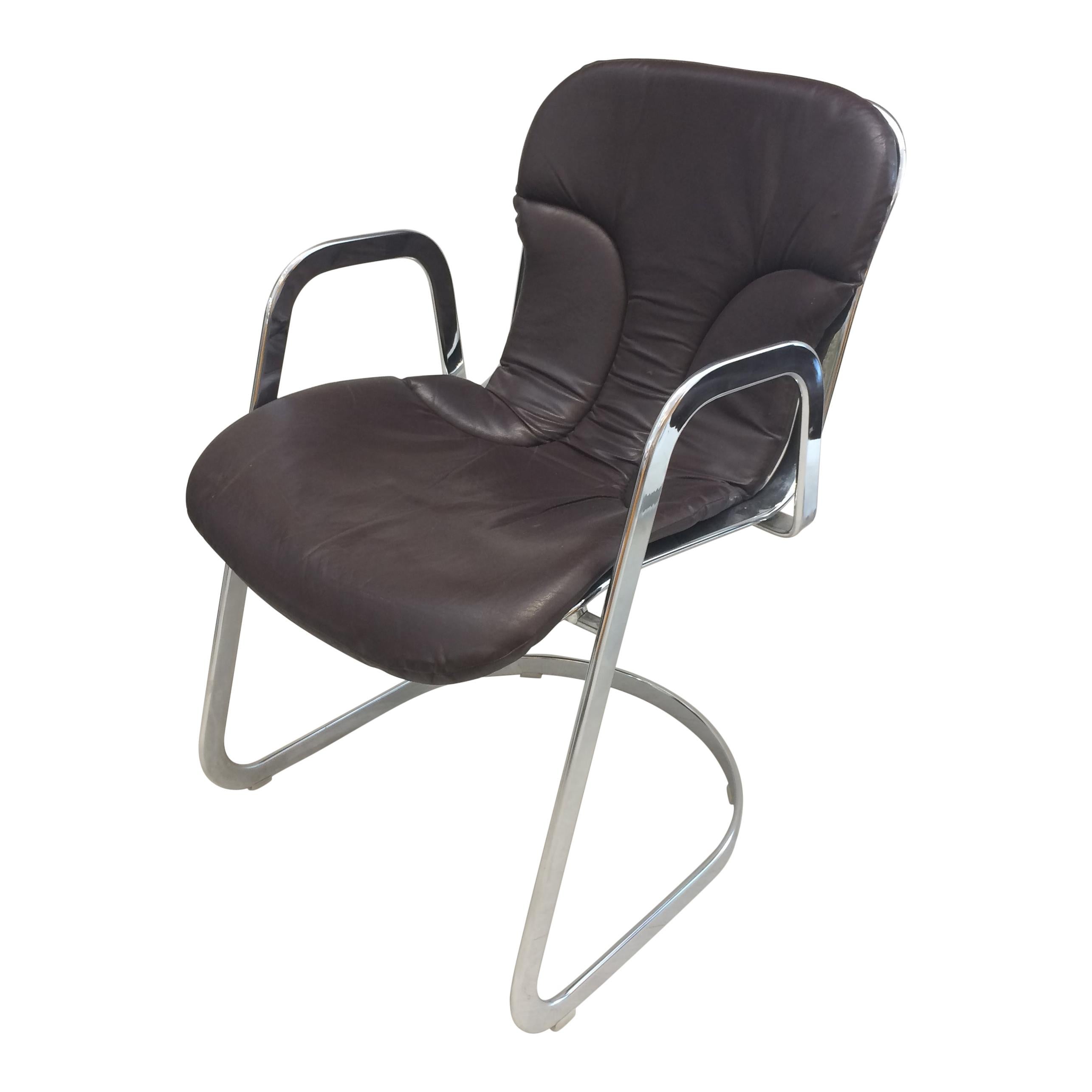 Willy Rizzo Dining Chair Chrome with Chocolate Leather Seat Cushion