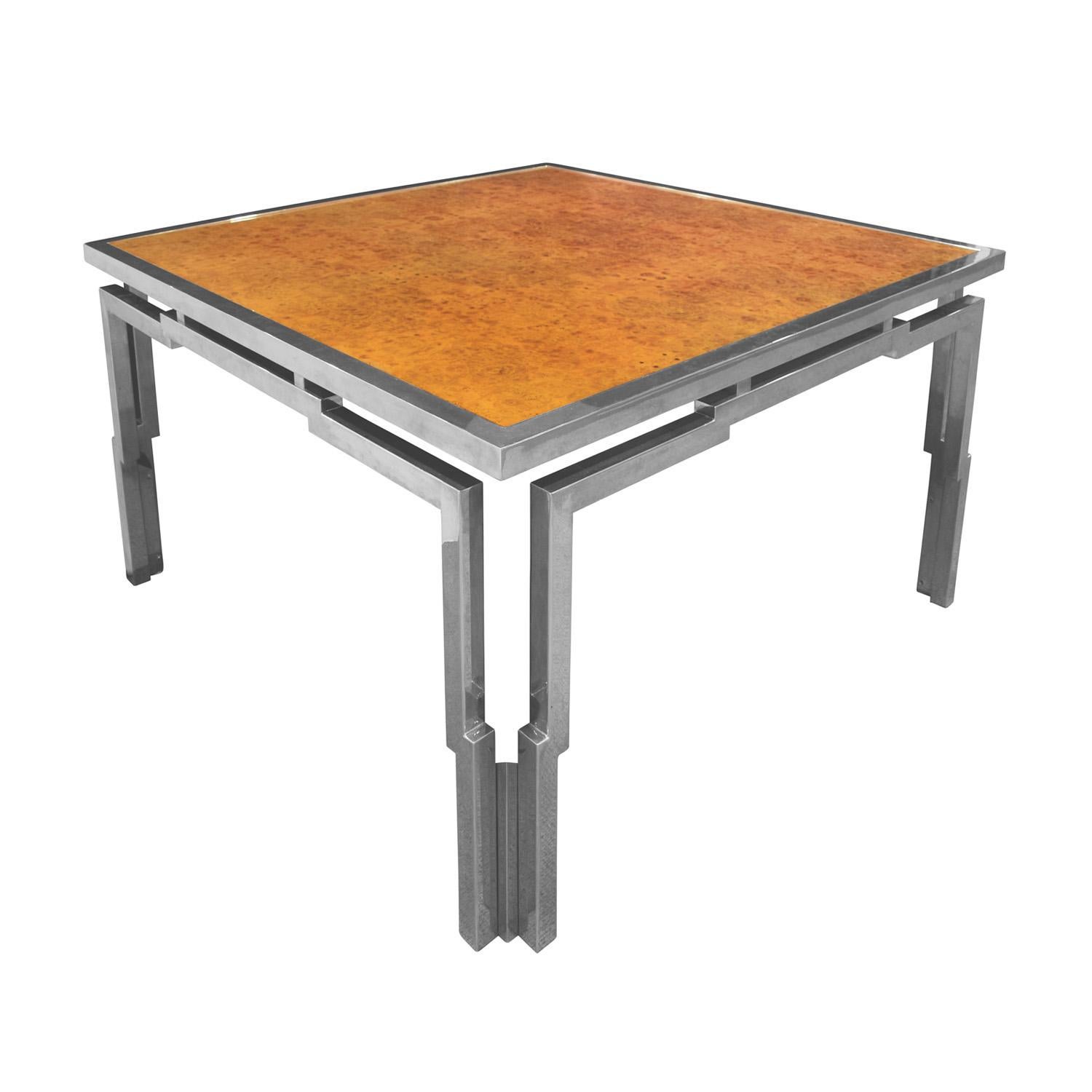 Square dining table in chrome with inset mirror polished book-matched burl wood top by Willy Rizzo, Italian 1970's. This is a very cool design. We have the matching dining chairs (see photo) that were made to go with this table. They are sold