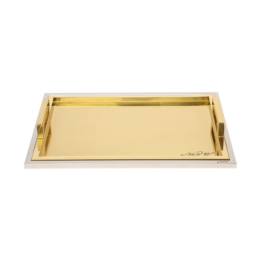 Willy Rizzo drink trays, brass, polished stainless steel, signed. Great quality large scale handled trays in brass and polished stainless steel, perfect for entertaining. Willy Rizzo's designs are executed by expert Italian artisans who have passed