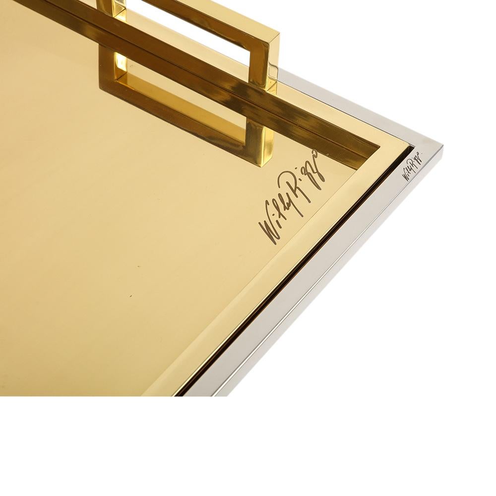 Willy Rizzo Drink Trays, Brass, Polished Stainless Steel, Signed In Good Condition For Sale In New York, NY
