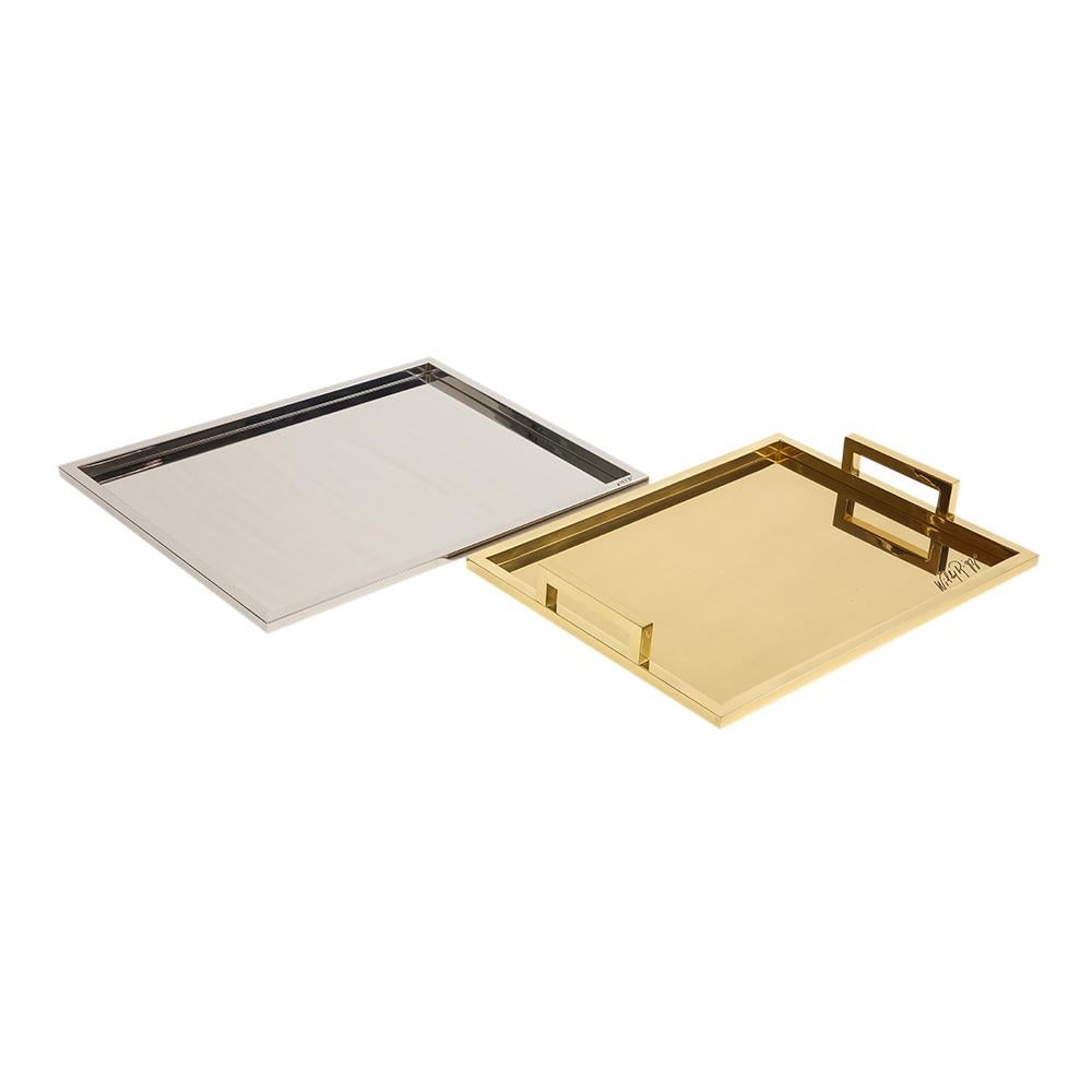 Willy Rizzo Drink Trays, Brass, Polished Stainless Steel, Signed For Sale 1