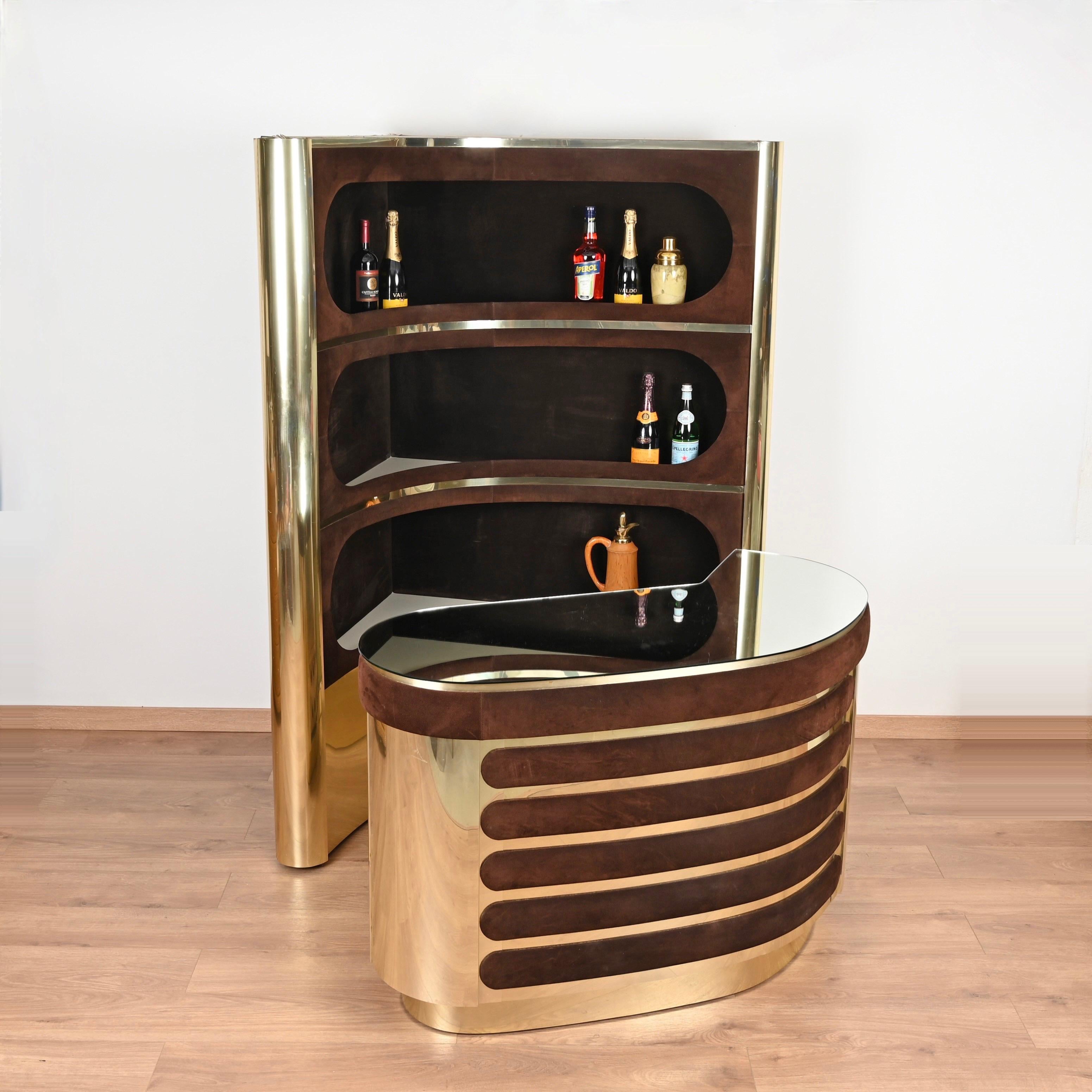 Willy Rizzo Dry Bar in ottone dorato e pelle scamosciata con mobile illuminato, Italia, anni '70 9