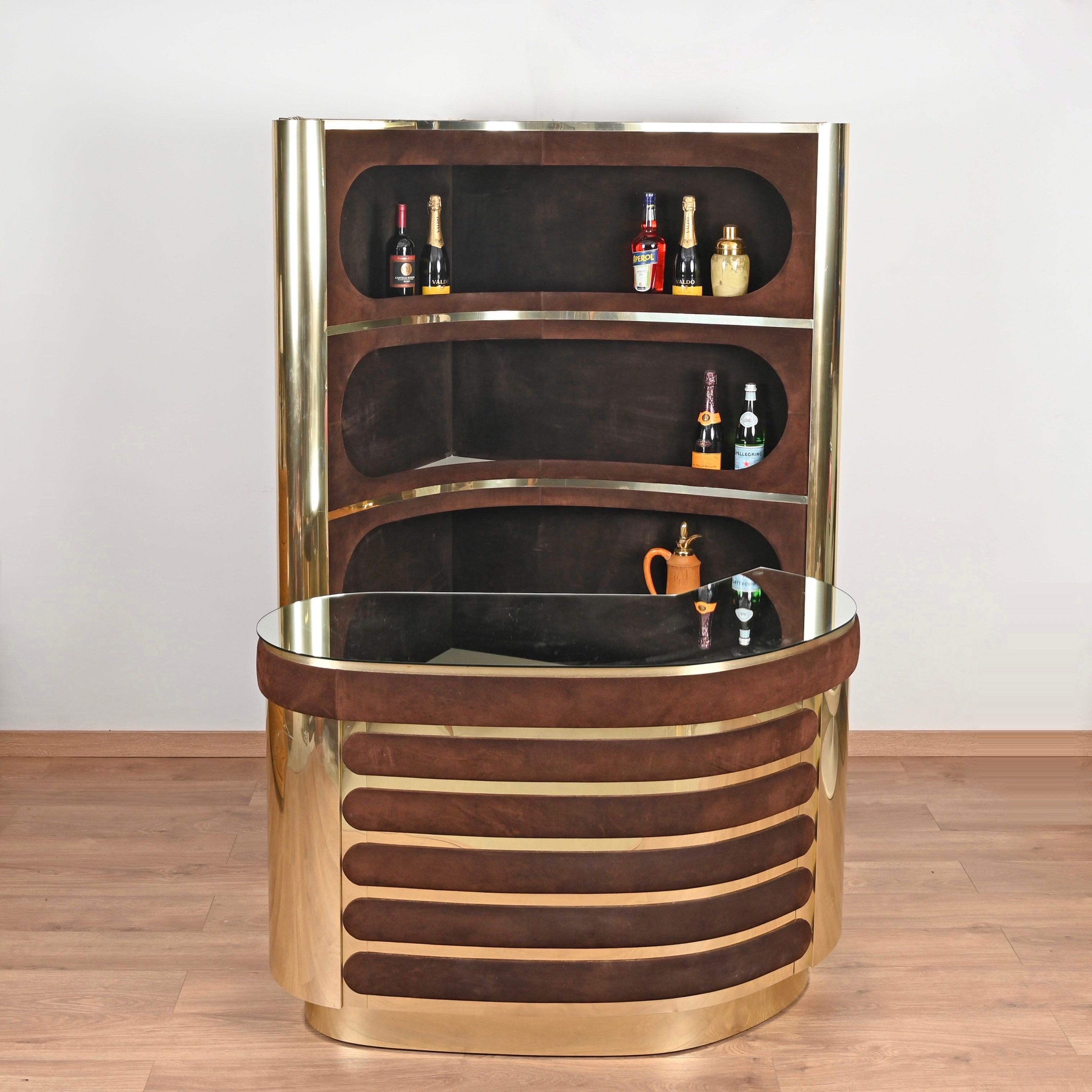 Willy Rizzo Dry Bar in ottone dorato e pelle scamosciata con mobile illuminato, Italia, anni '70 10
