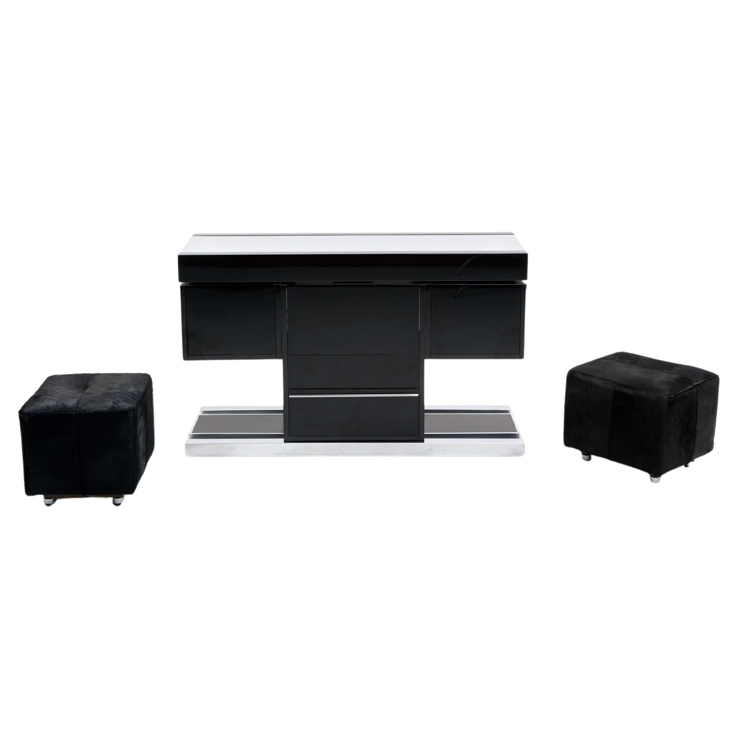 Willy Rizzo Drybar Set in Black Lacquer with Chrome and Cowhide Upholstery, 1970 For Sale