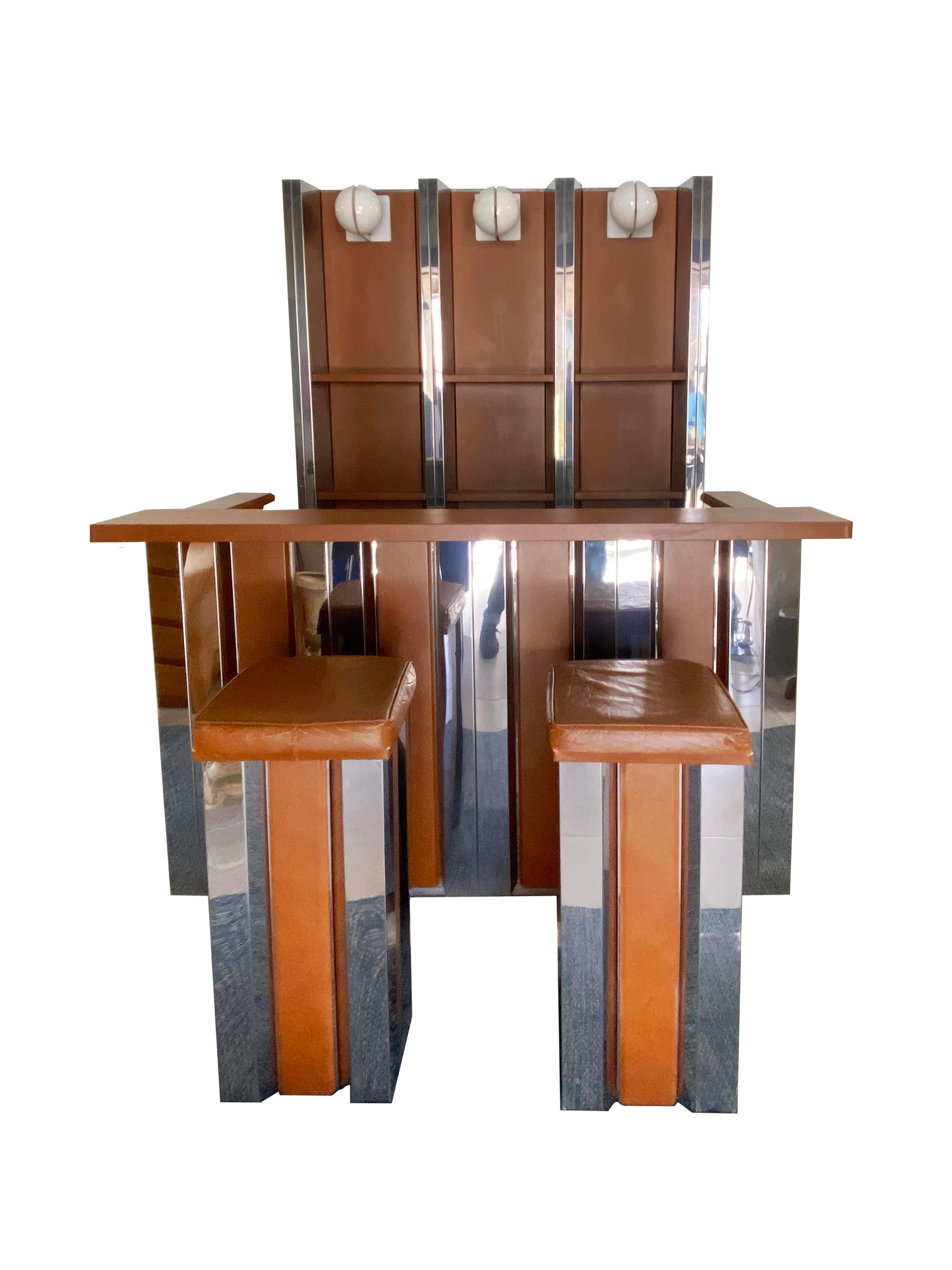Willy Rizzo Bar exceptionnel et rare de Willy Rizzo Cuir et acier inoxydable en vente