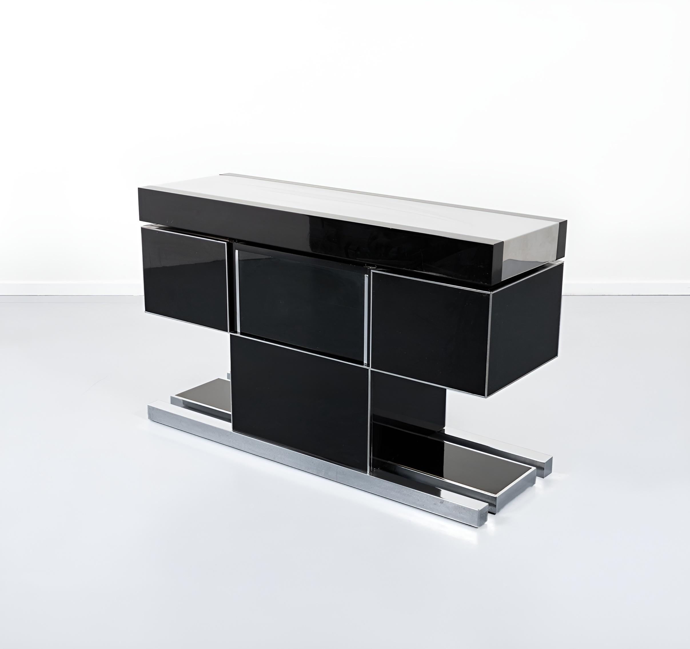 Willy Rizzo (Italy, 1928 – France, 2013).
Rare dry bar with two leather poufs, circa 1970s.
Black cow leather, black lacquered wood, satin steel and mirror glass.
Designed and made in Italy.​ 120 x 40 x 73 H cm / 47.2 x 15.7 x 28.7 H in
 The counter