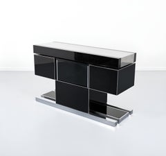 Willy Rizzo Expandable Black Lacquer Steel Dry Bar mit integrierten Poufs, 1970er Jahre