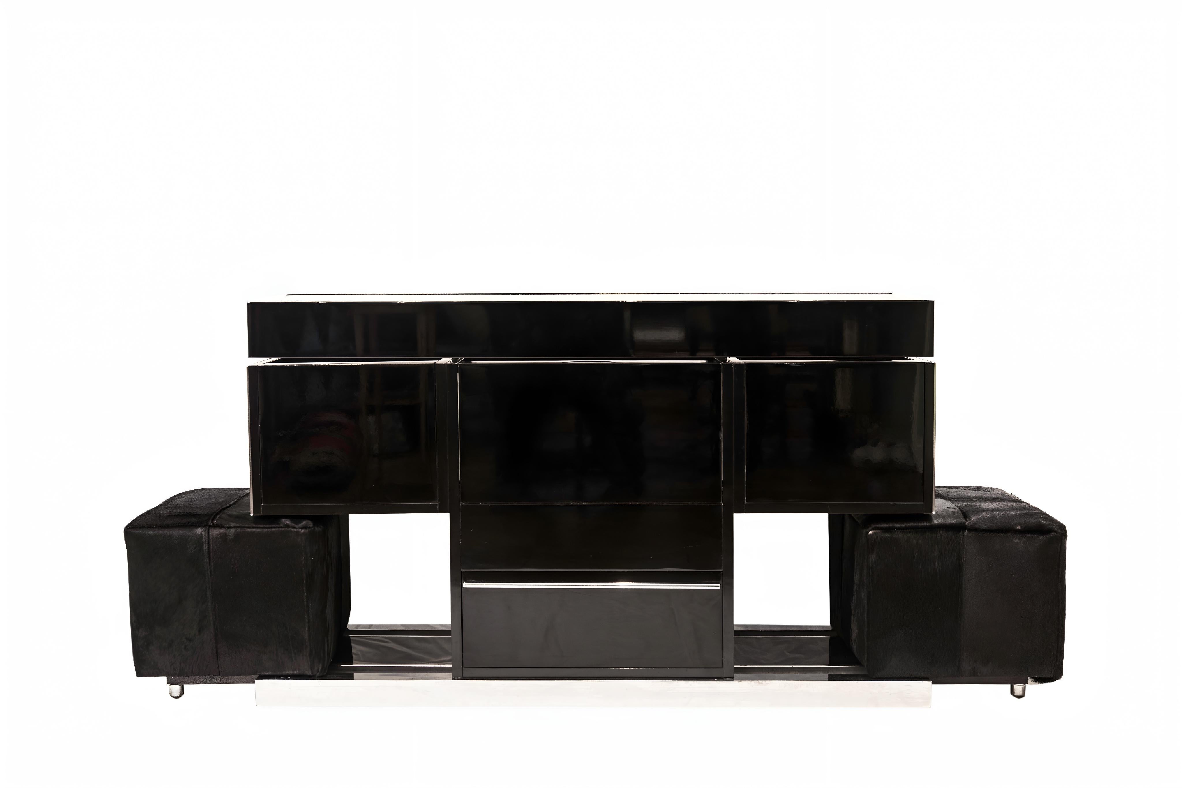 Willy Rizzo Expandable Black Lacquer Steel Dry Bar with Integrated Poufs, 1970s Acero inoxidable en venta