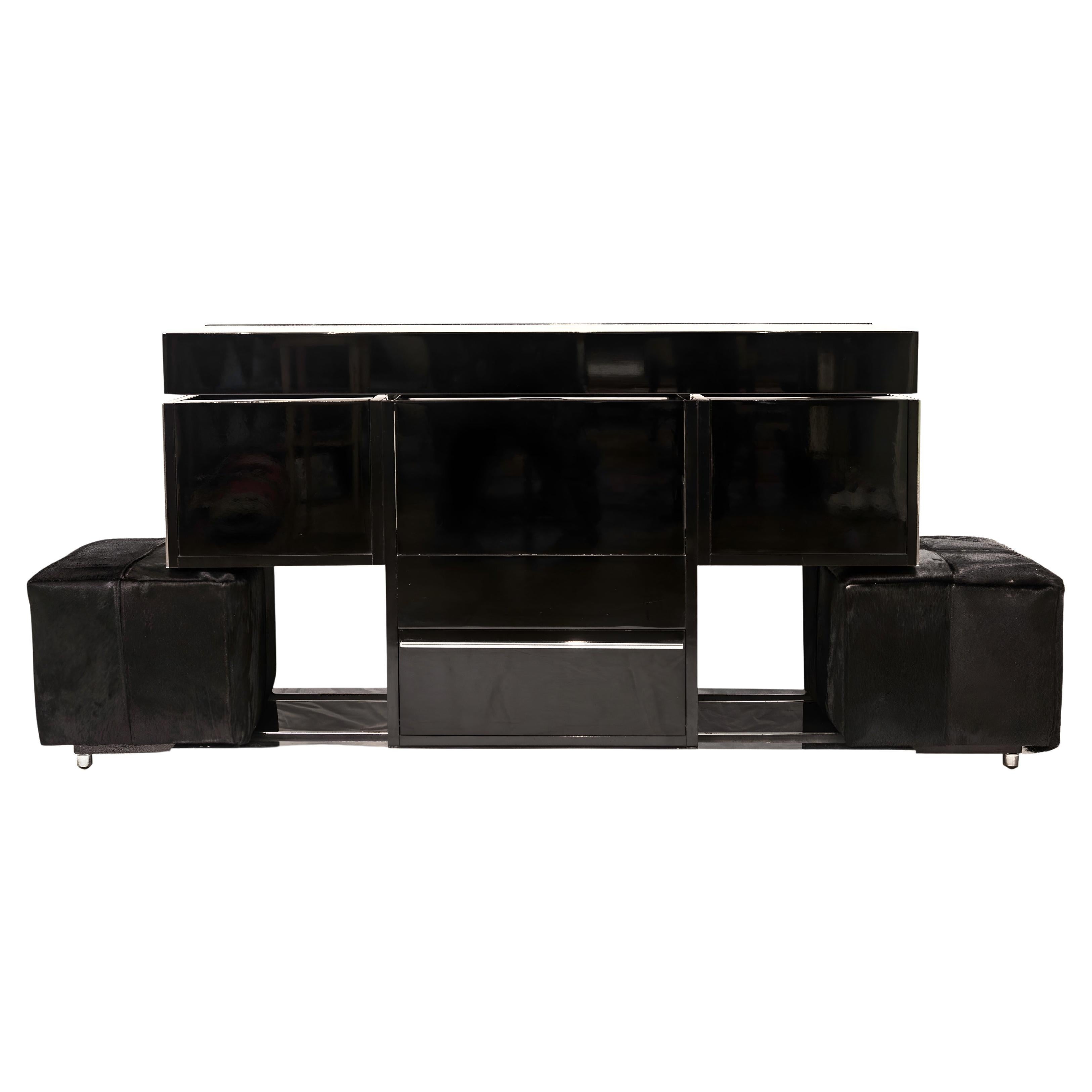 Willy Rizzo Expandable Black Lacquer Steel Dry Bar with Integrated Poufs, 1970s