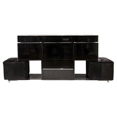 Willy Rizzo Expandable Black Lacquer Steel Dry Bar with Integrated Poufs, 1970s
