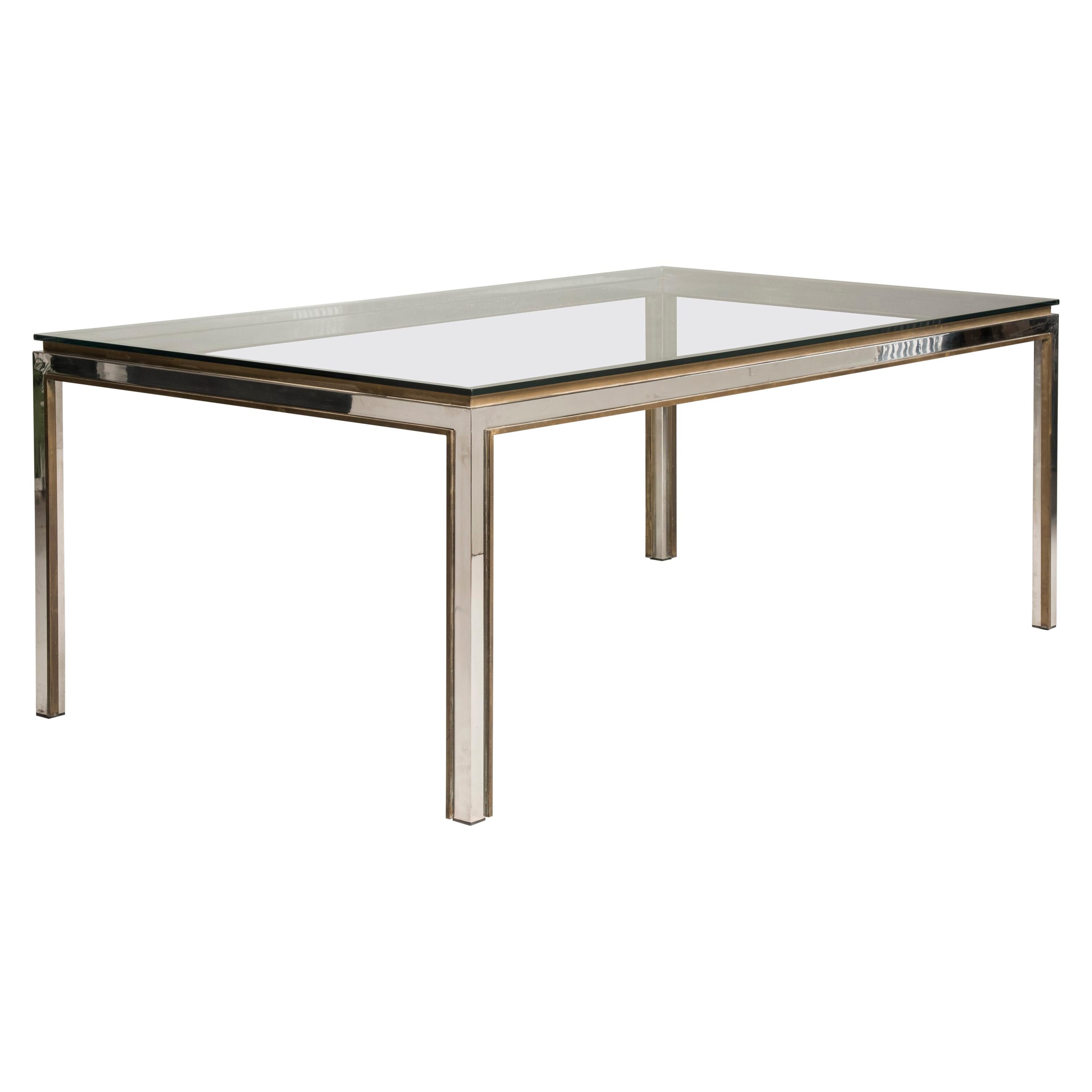 Table Willy Rizzo Fiorentina modèle en acier et laiton avec plateau en cristal, 1970