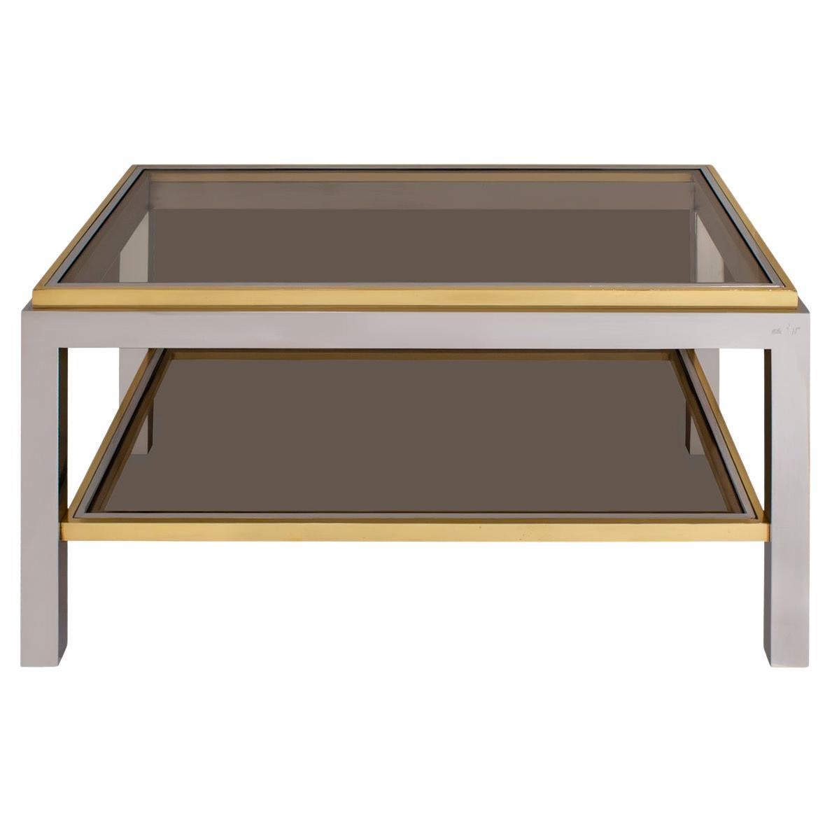 Willy Rizzo "Table basse Flaminia" en chrome poli et laiton 1970 (Signé)