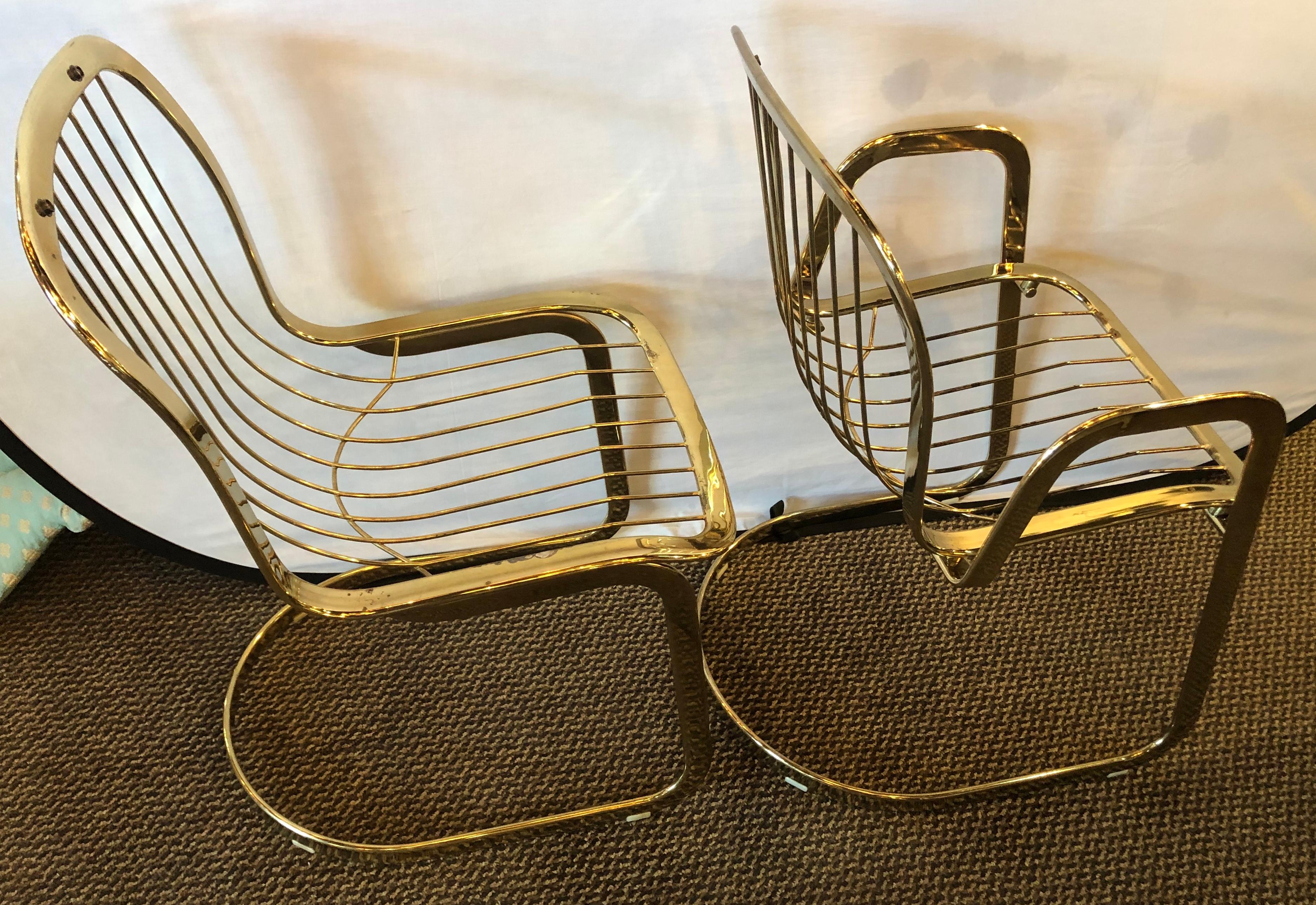 Willy Rizzo for Cidue 8 dining chairs, Italian, 1970s brass-plated metal labelled. These fine quality stylish dining chairs have one armchair and seven sides are custom quality and designed by this highly regarded designer. The high polished brass
