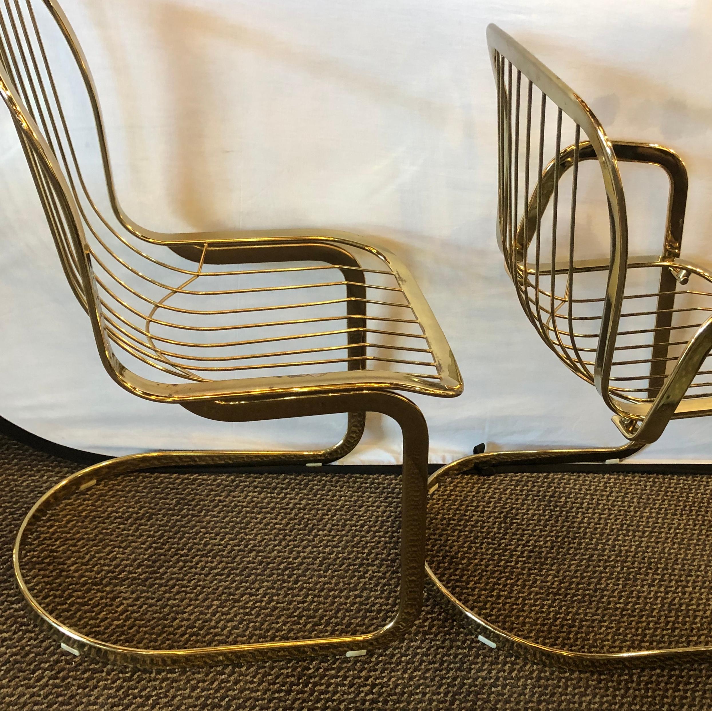 Mid-Century Modern Willy Rizzo for Cidue 8 Dining Chairs Italian 1970s Brass Plated Metal Labelled