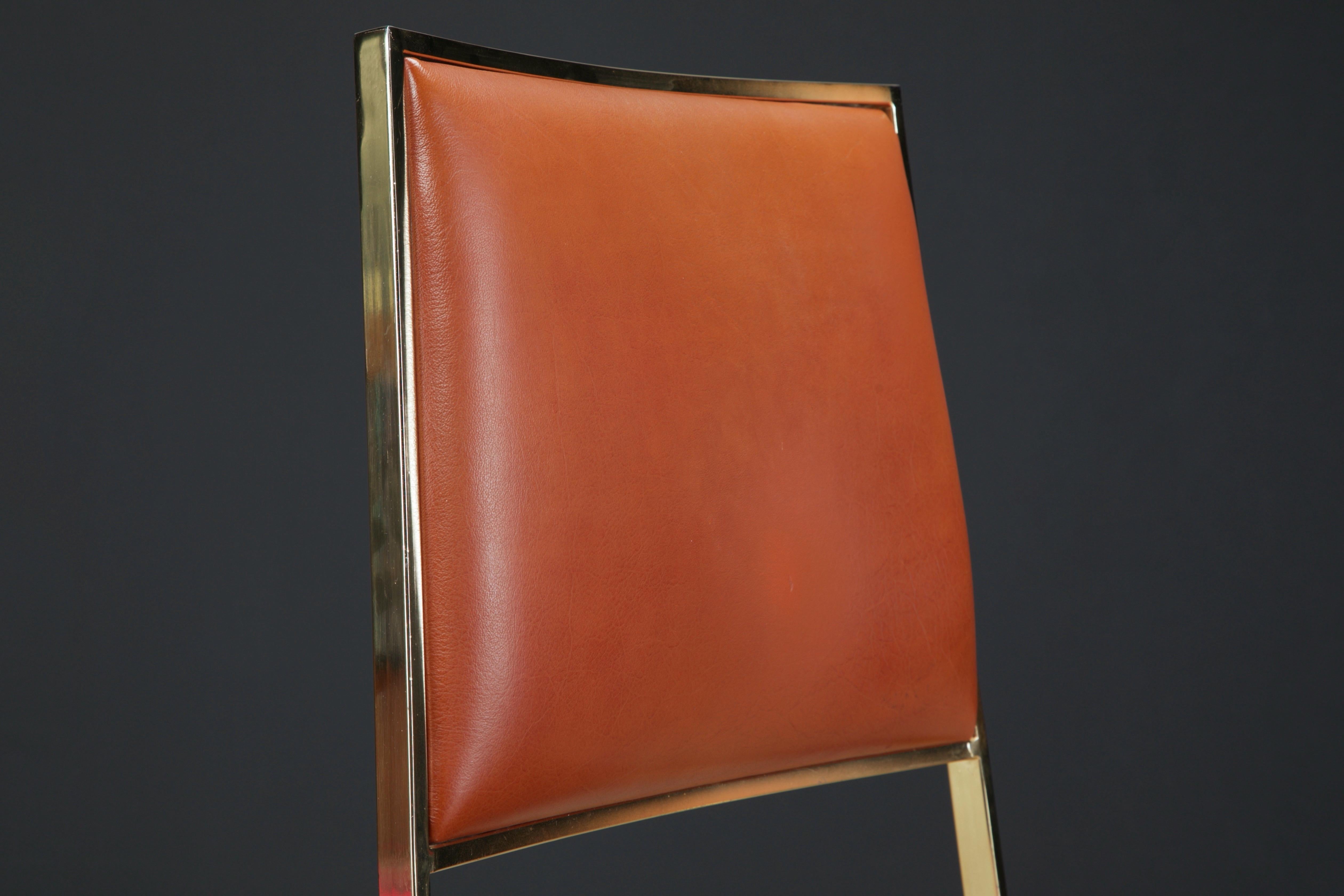 Willy Rizzo for Cidue Dining Chairs in Brass and Cognac Leather, c 1970, Signed 5