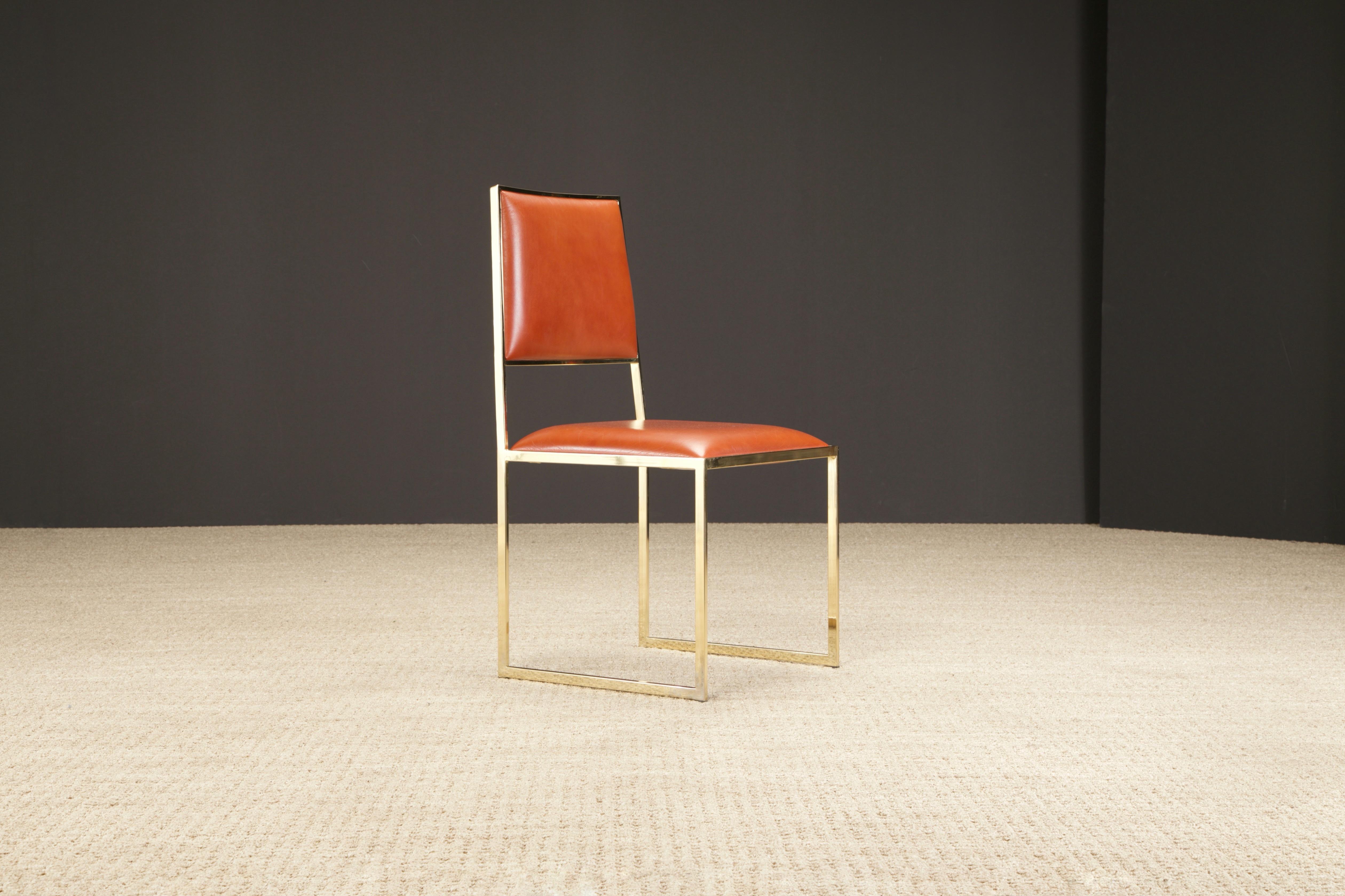 Willy Rizzo for Cidue Dining Chairs in Brass and Cognac Leather, c 1970, Signed 6