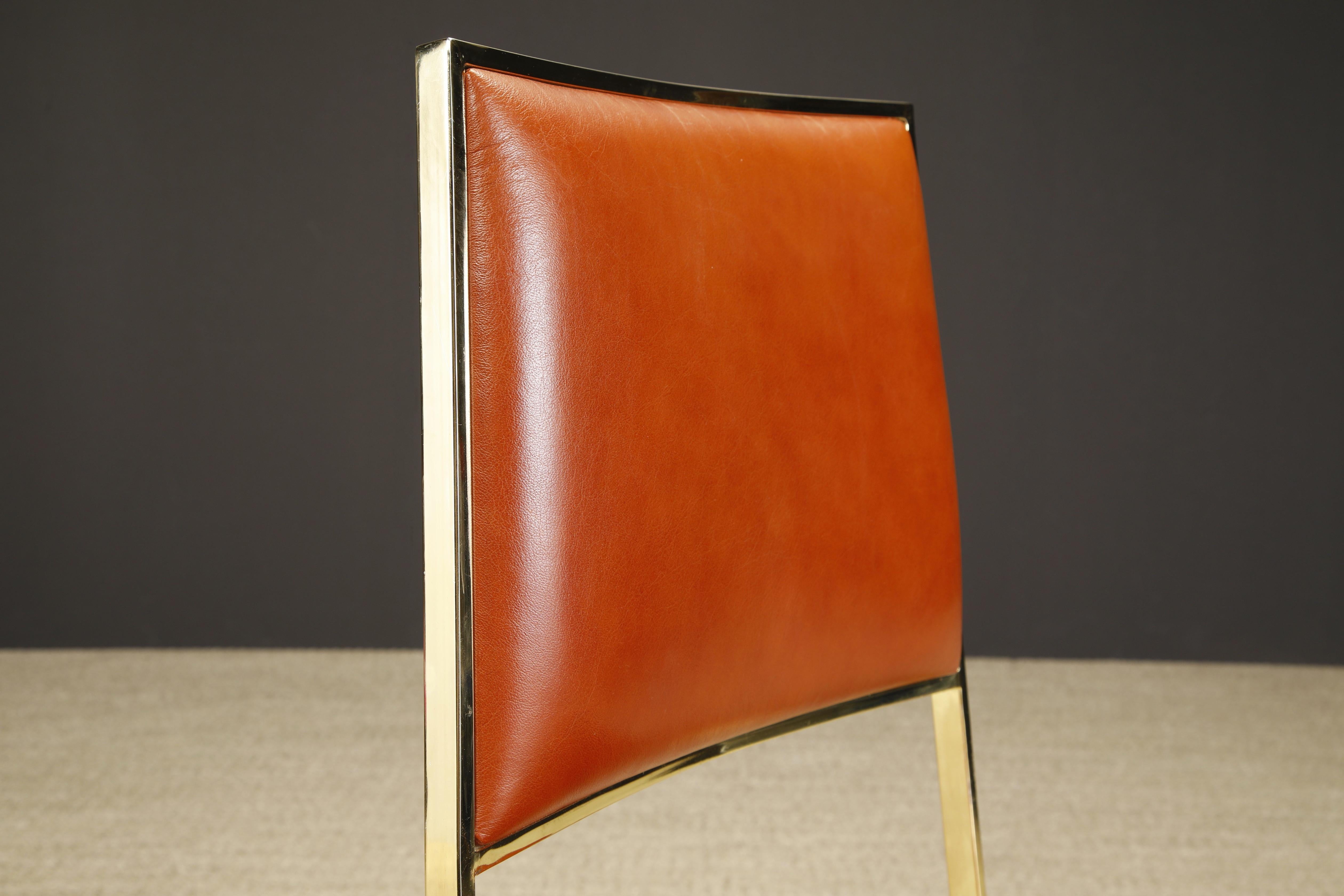 Willy Rizzo for Cidue Dining Chairs in Brass and Cognac Leather, c 1970, Signed 8