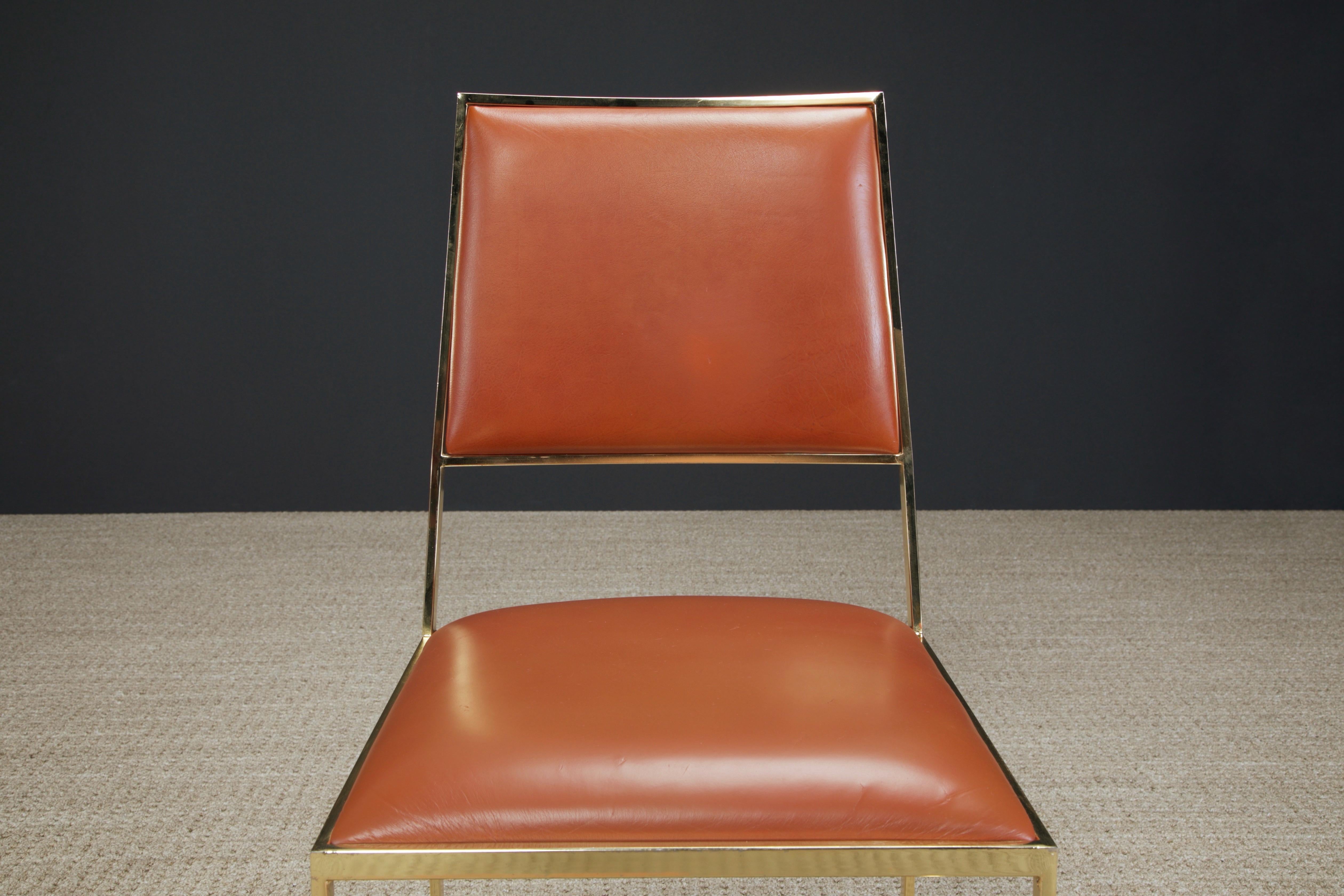 Willy Rizzo for Cidue Dining Chairs in Brass and Cognac Leather, c 1970, Signed 10
