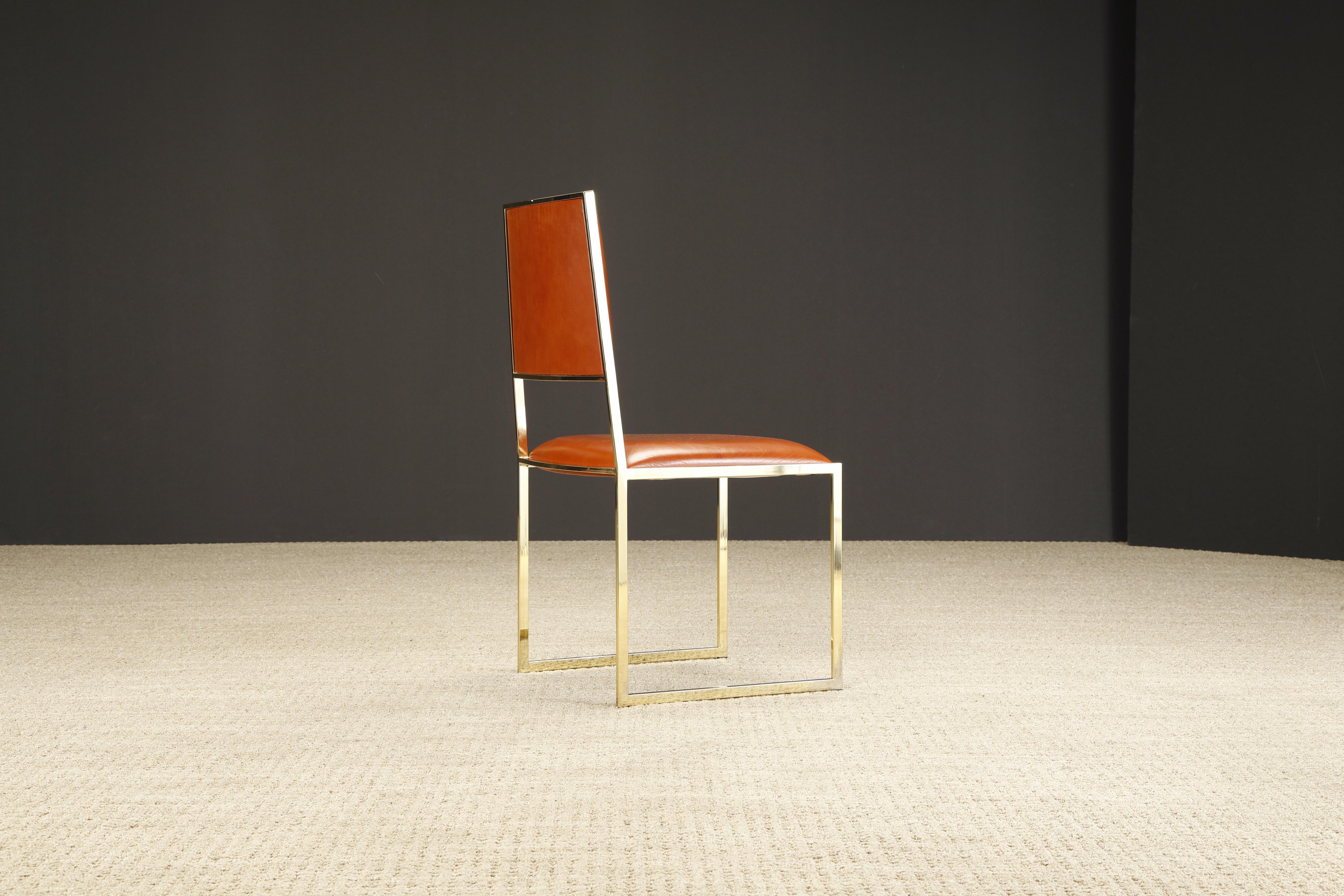 Willy Rizzo for Cidue Dining Chairs in Brass and Cognac Leather, c 1970, Signed 10
