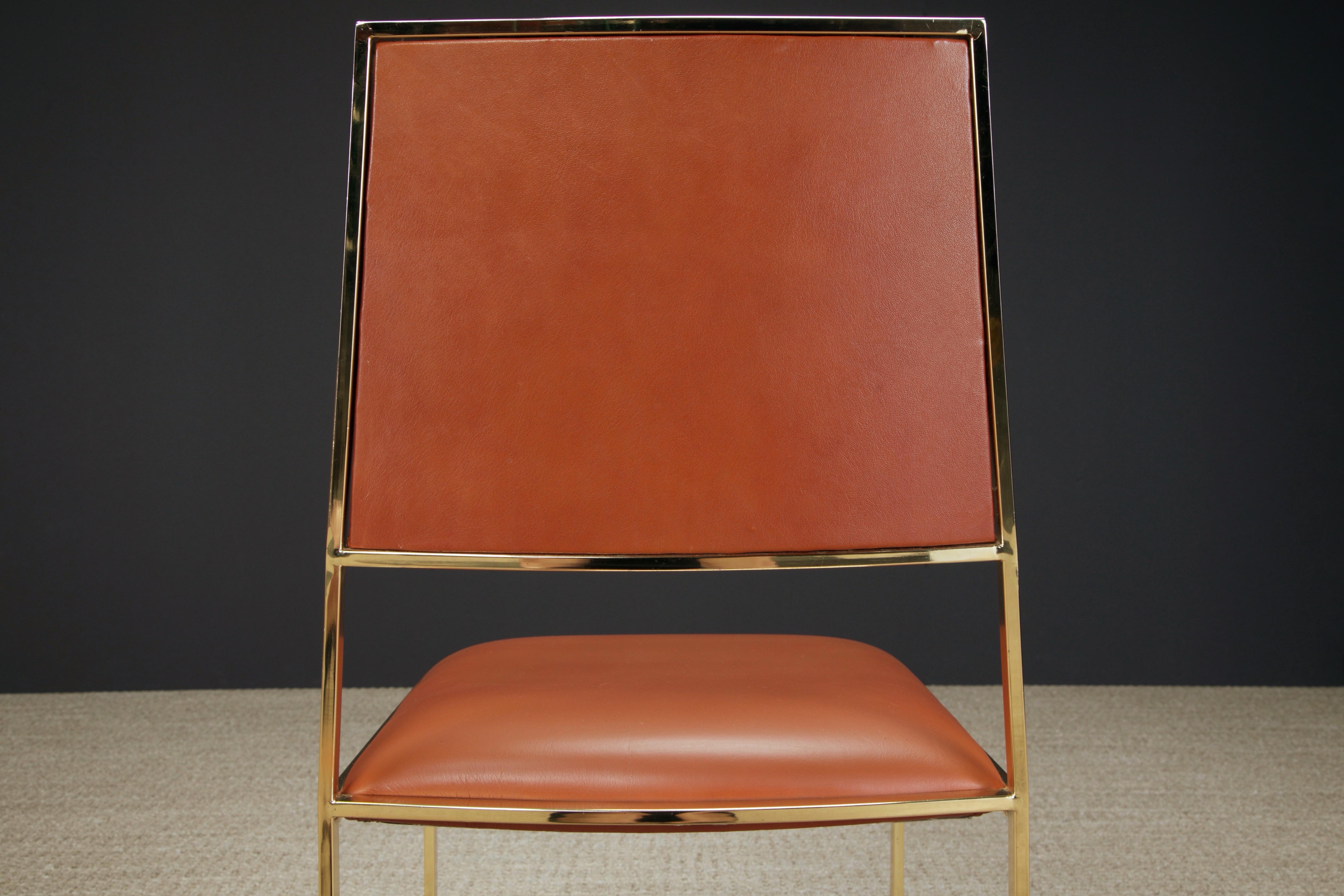 Willy Rizzo for Cidue Dining Chairs in Brass and Cognac Leather, c 1970, Signed 13