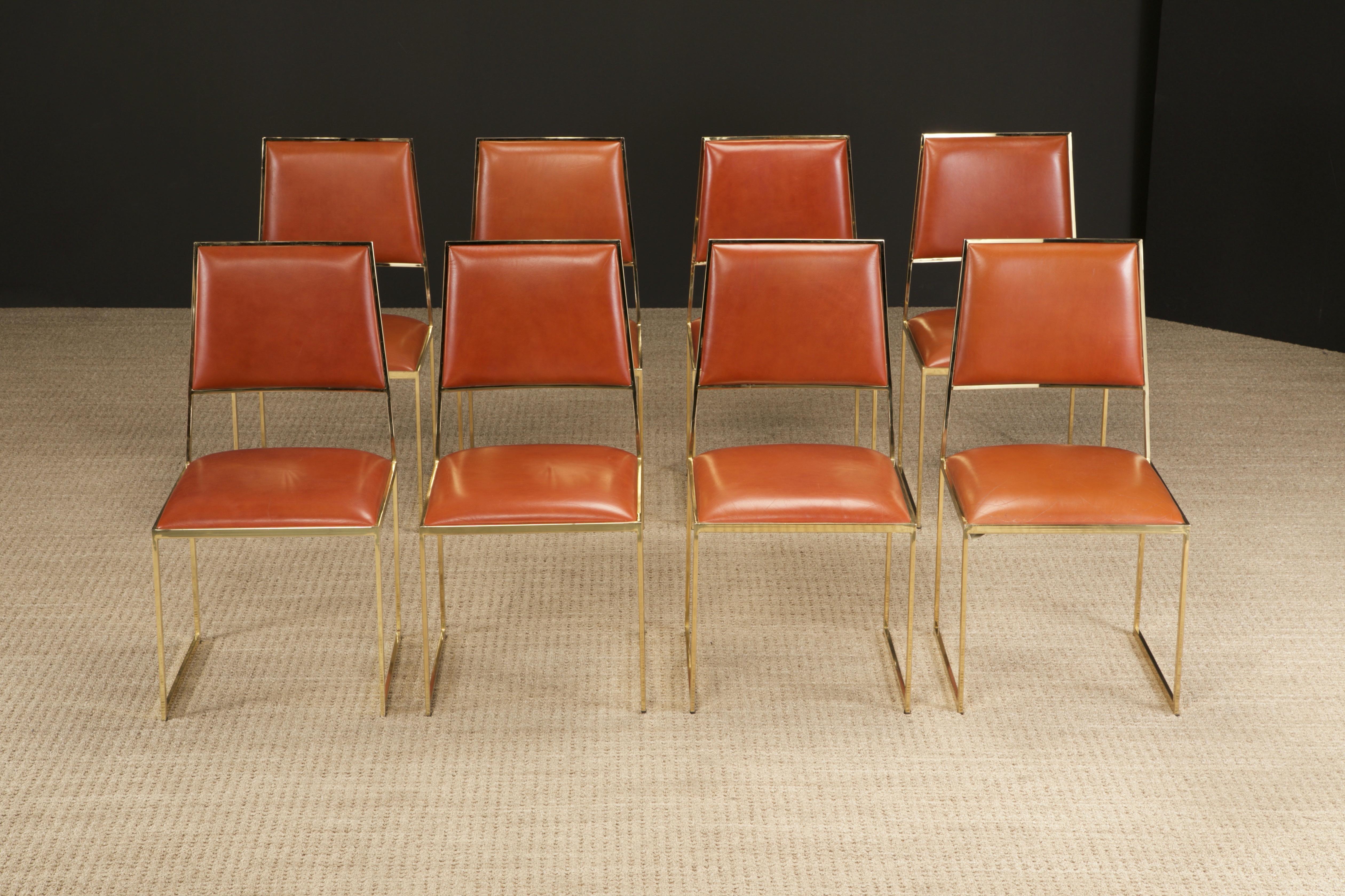 Modern Willy Rizzo for Cidue Dining Chairs in Brass and Cognac Leather, c 1970, Signed