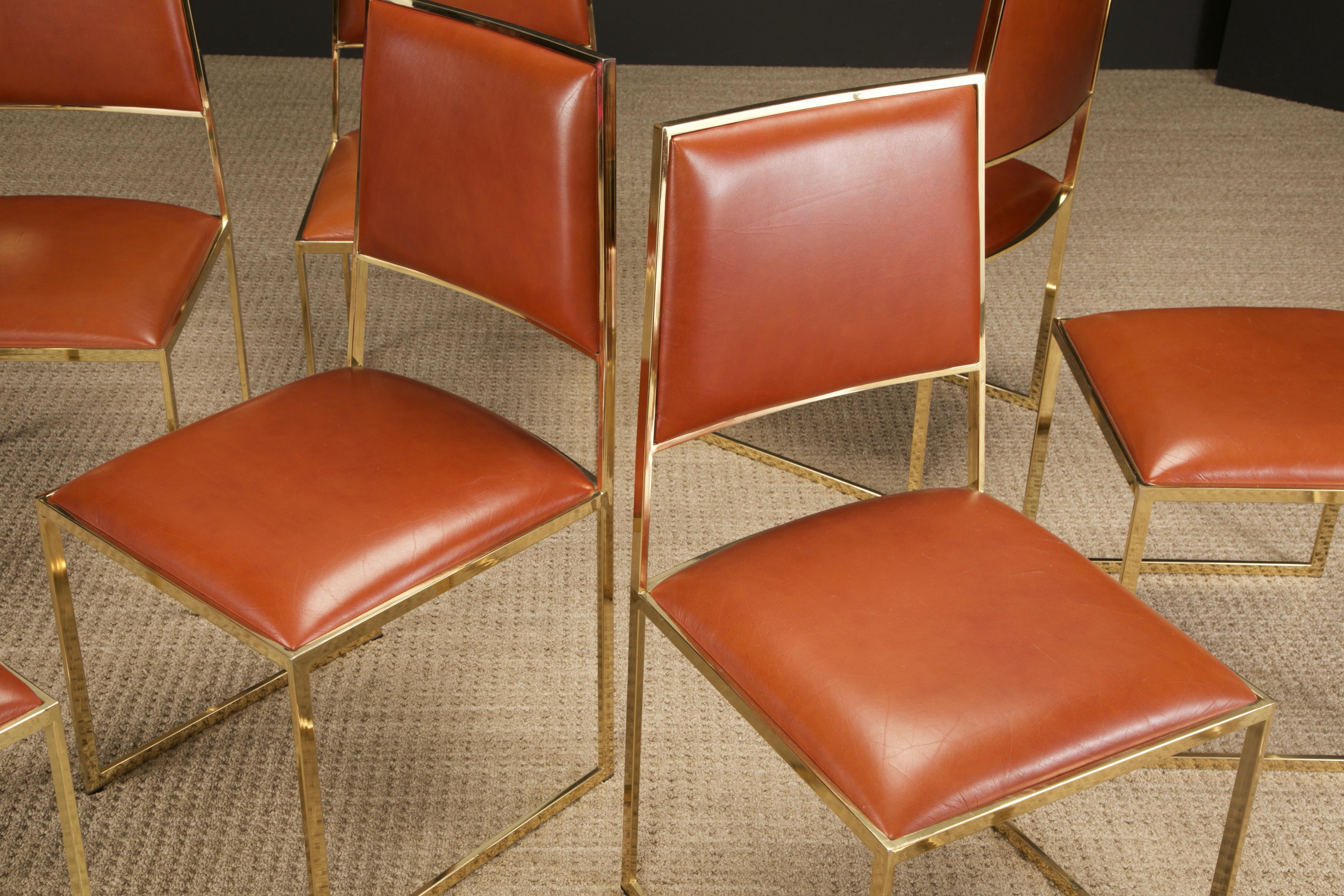Italian Willy Rizzo for Cidue Dining Chairs in Brass and Cognac Leather, c 1970, Signed