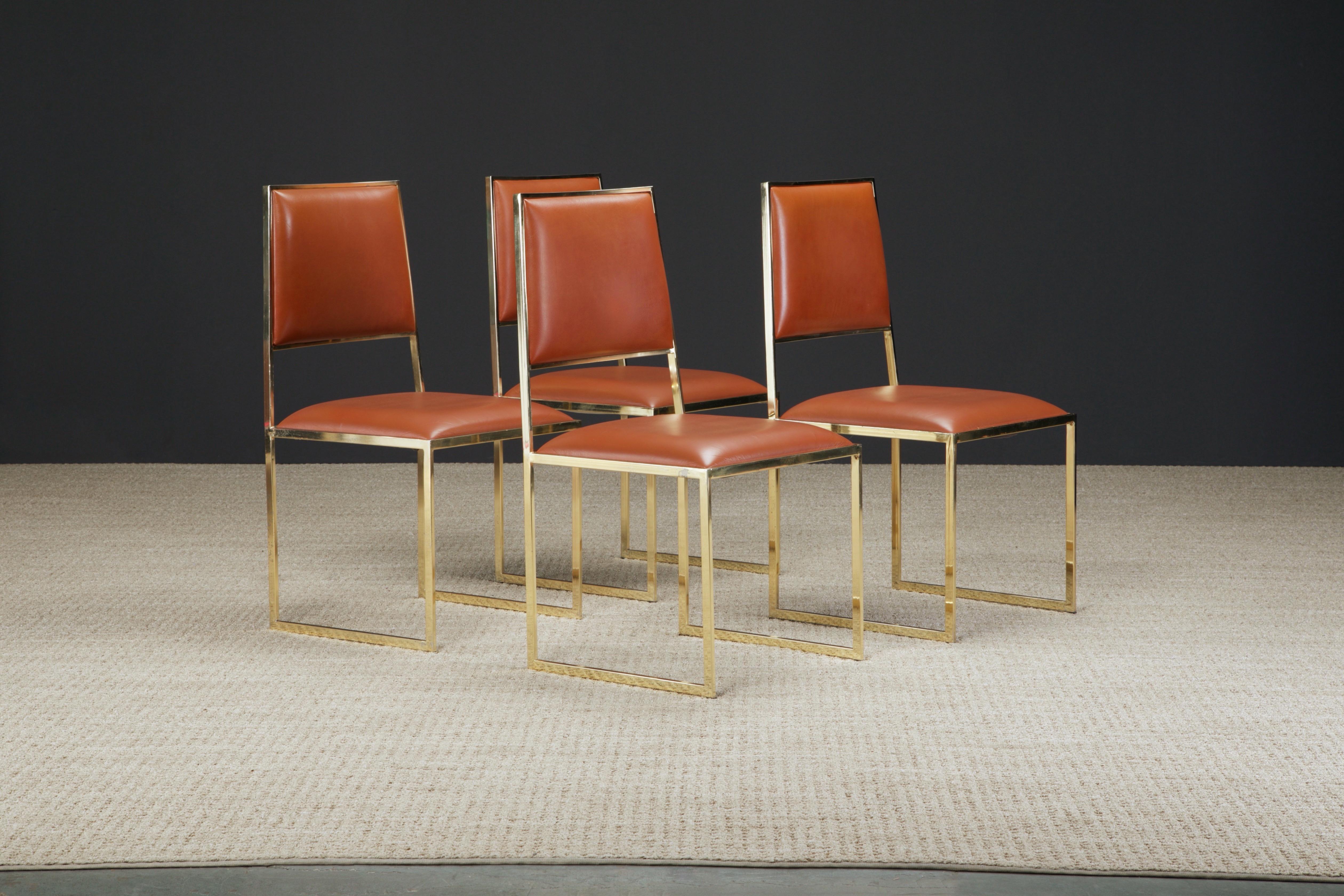 A beautiful set of four (4) dining chairs by Willy Rizzo for Cidue, Italy circa 1970, featuring gorgeous cubist brass frames and cognac colored leather. Signed with Cidue labels reading 'Made in Italy, Cidue, elementi d'arredo - carrè / vi'.