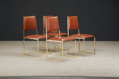 Willy Rizzo for Cidue Dining Chairs in Brass and Cognac Leather, c 1970, Signed