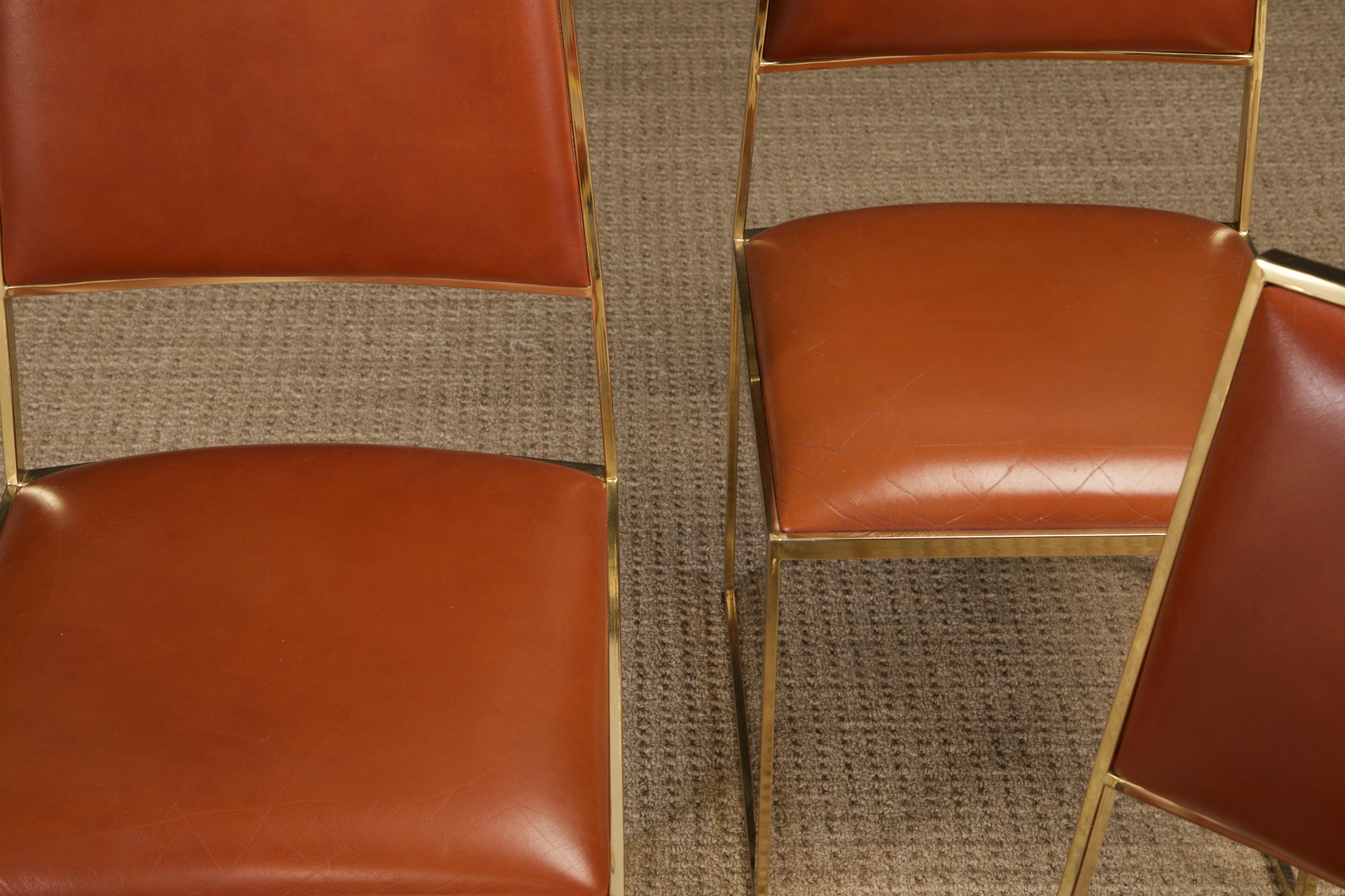 Chaises de salle à manger Willy Rizzo pour Cidue en laiton et cuir cognac, vers 1970, signées Bon état à Los Angeles, CA