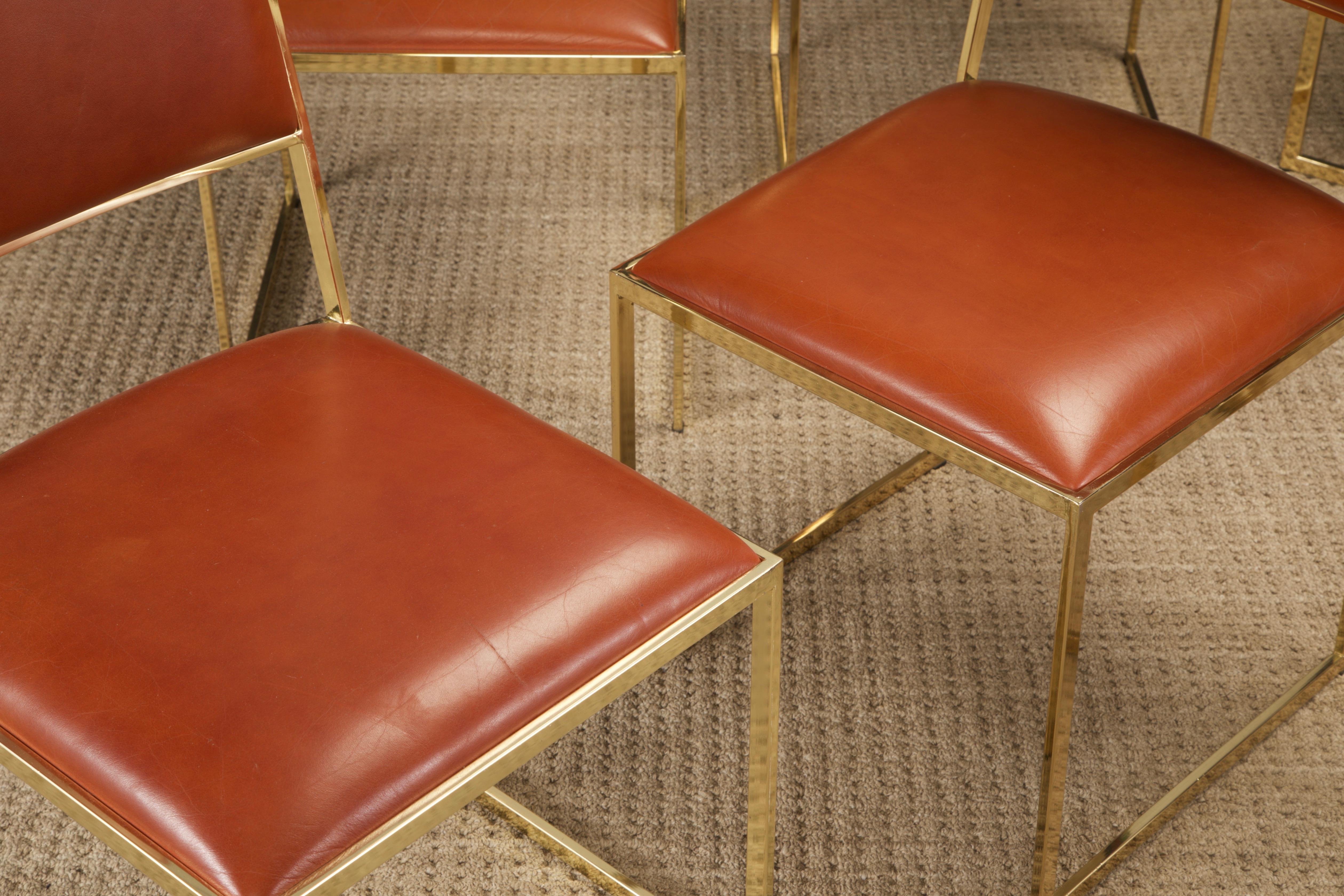 Late 20th Century Willy Rizzo for Cidue Dining Chairs in Brass and Cognac Leather, c 1970, Signed