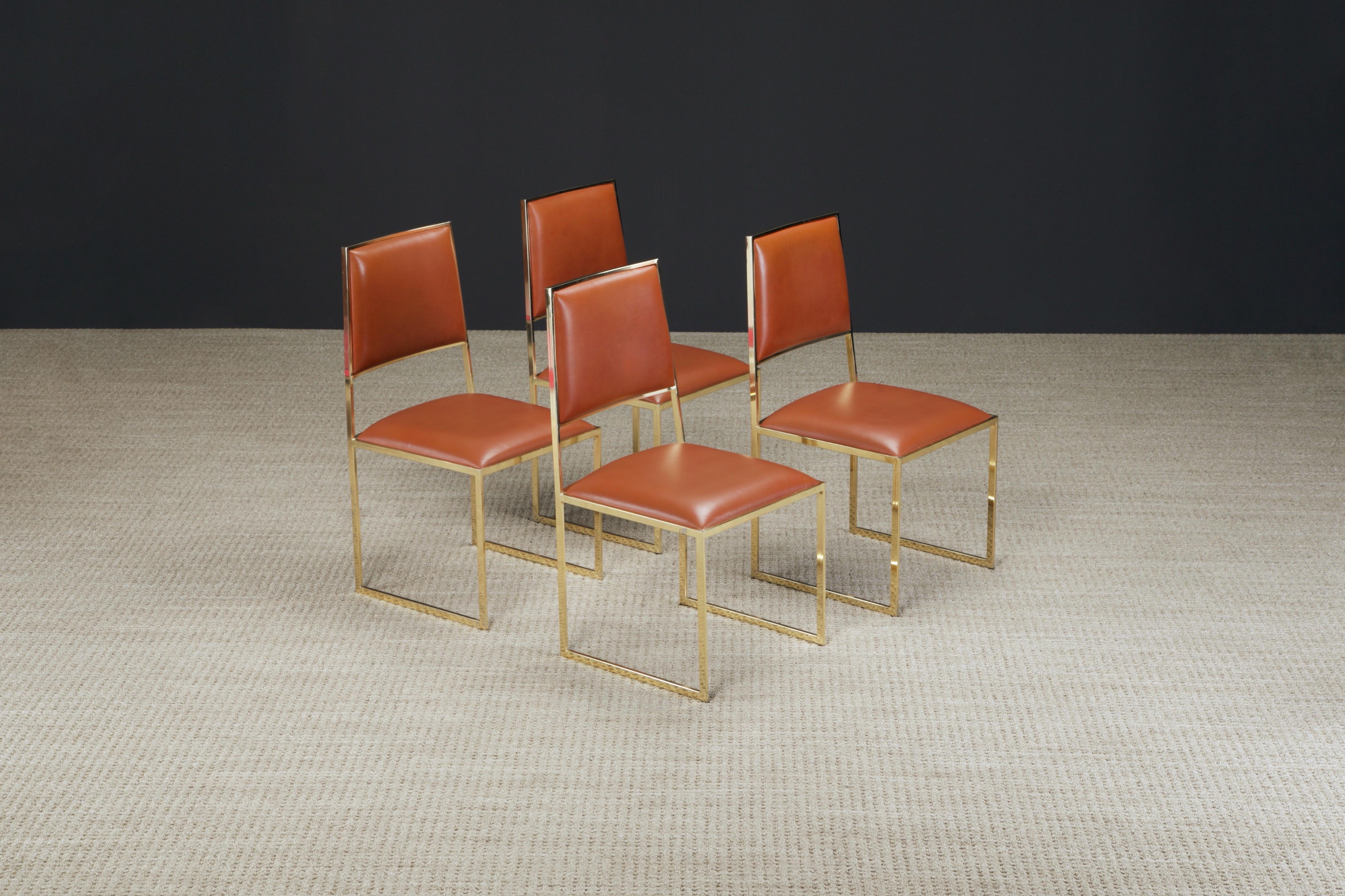 Italian Willy Rizzo for Cidue Dining Chairs in Brass and Cognac Leather, c 1970, Signed