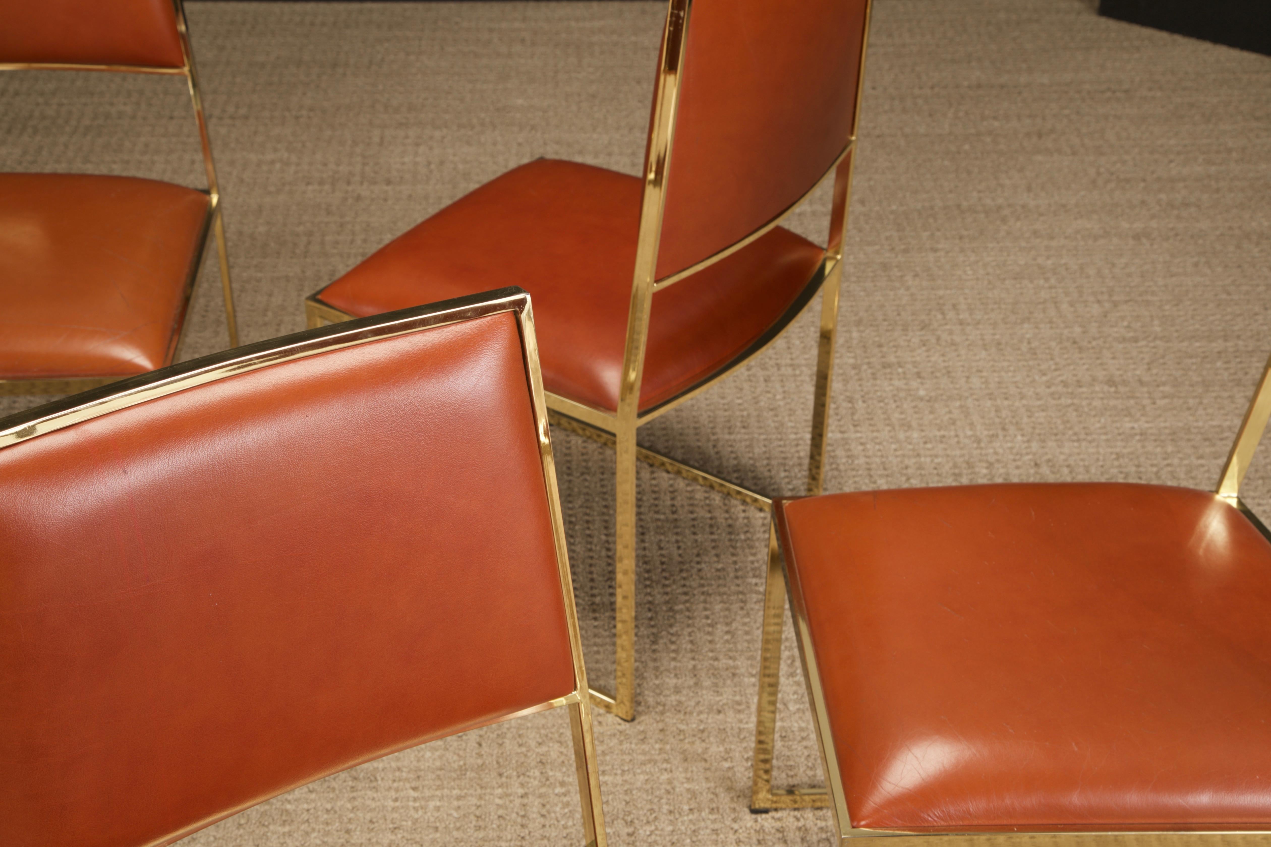 Willy Rizzo for Cidue Dining Chairs in Brass and Cognac Leather, c 1970, Signed 1