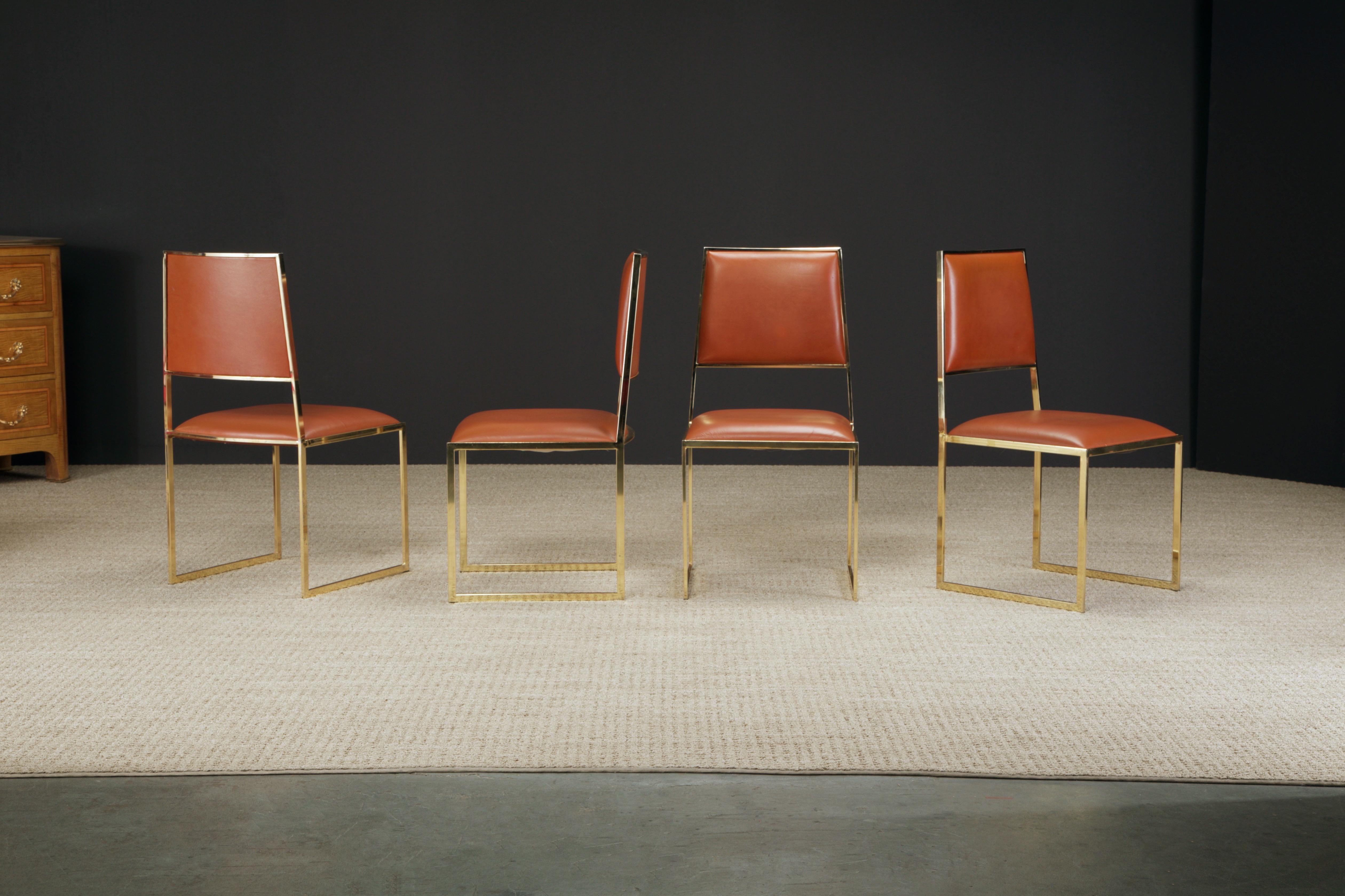 Willy Rizzo for Cidue Dining Chairs in Brass and Cognac Leather, c 1970, Signed In Good Condition In Los Angeles, CA