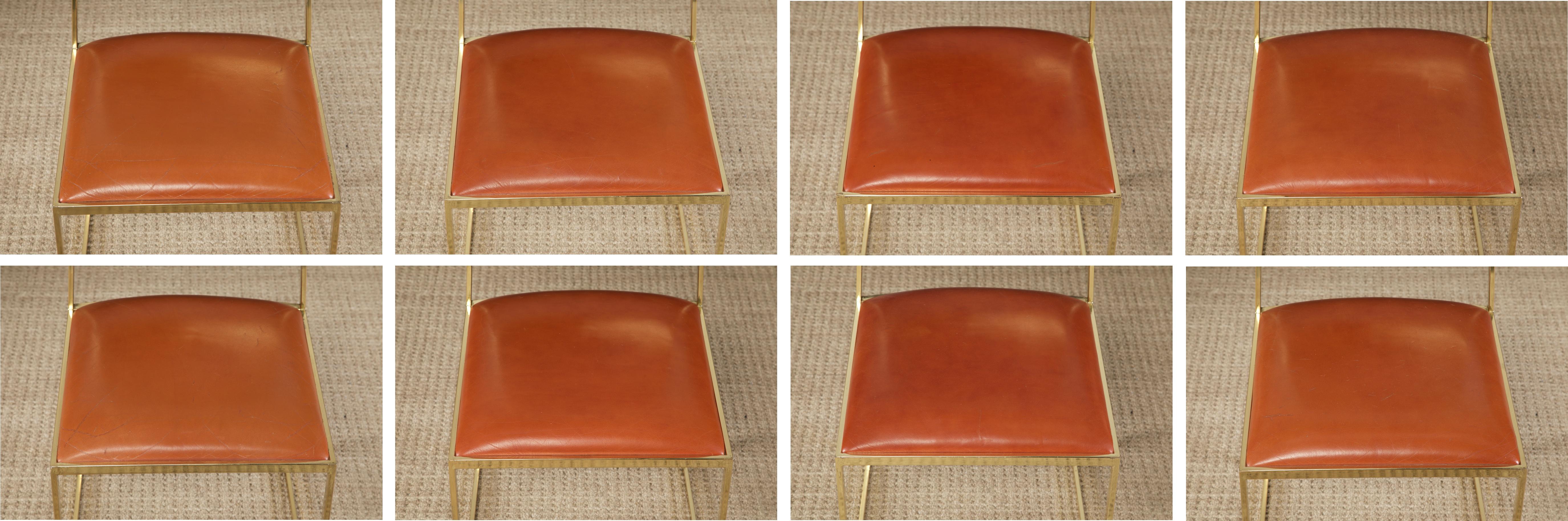 Willy Rizzo for Cidue Dining Chairs in Brass and Cognac Leather, c 1970, Signed 2