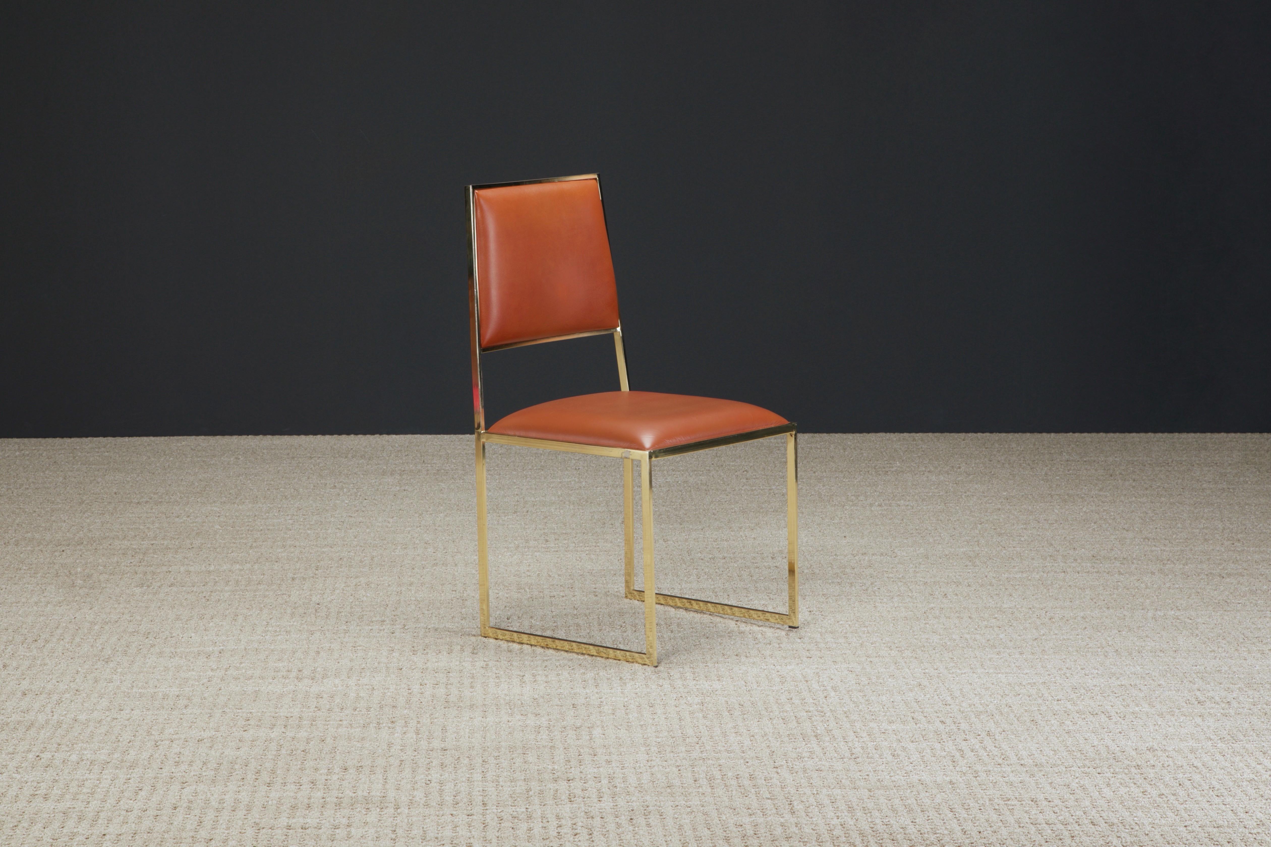 Willy Rizzo for Cidue Dining Chairs in Brass and Cognac Leather, c 1970, Signed 3
