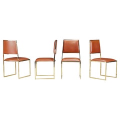 Willy Rizzo for Cidue Dining Chairs in Brass and Cognac Leather, c 1970, Signed
